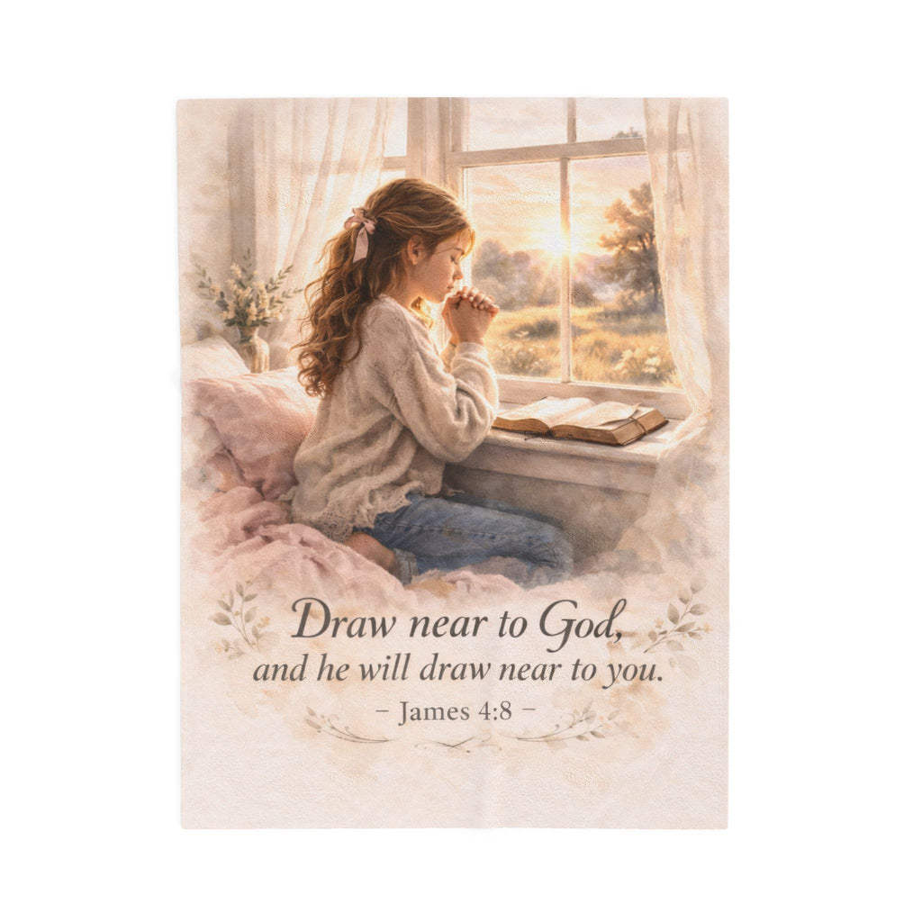 Draw Near to God Plush Blanket – James 4:8 Christian Throw | Prayerful Velveteen Cozy Blanket