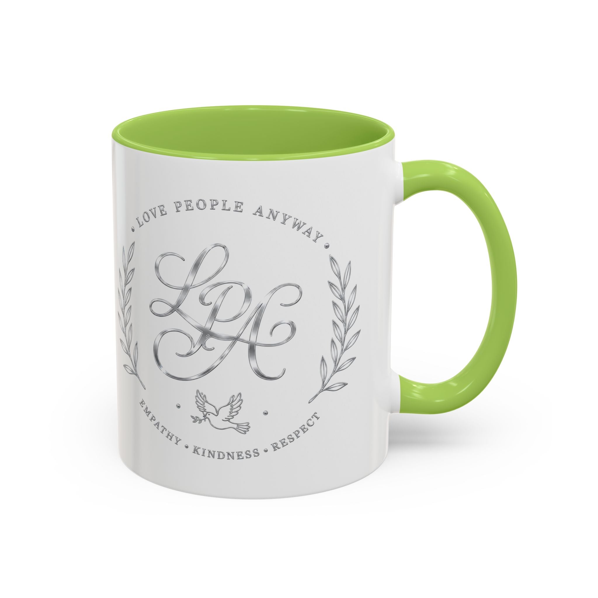 Love People Anyway Silver Accent Coffee Mug | Inspirational Monogram Mug | Faith Freedom Creations