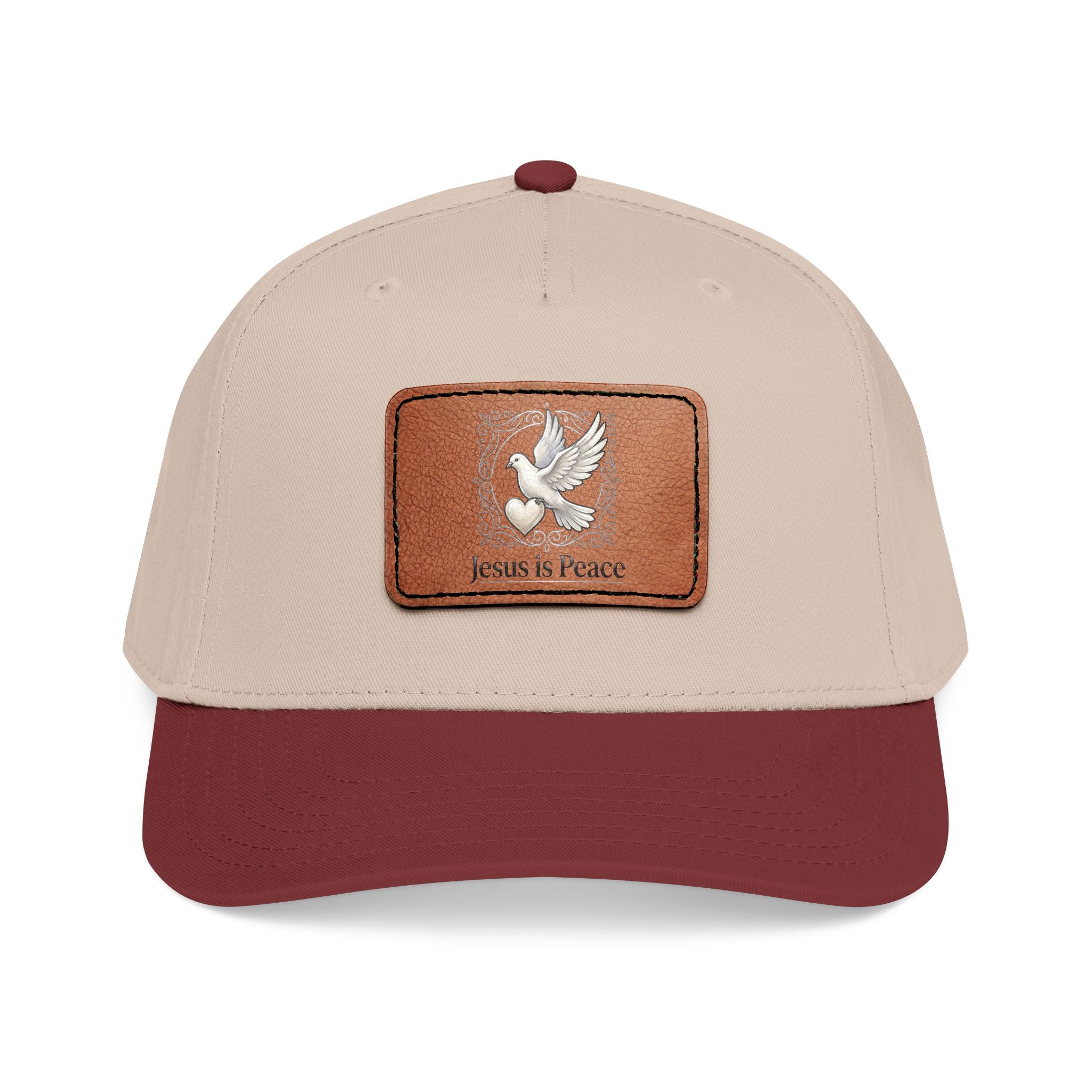 Beige and Maroon Christian baseball cap featuring a brown leather patch with a white dove carrying a heart and the words "Jesus Is Peace."