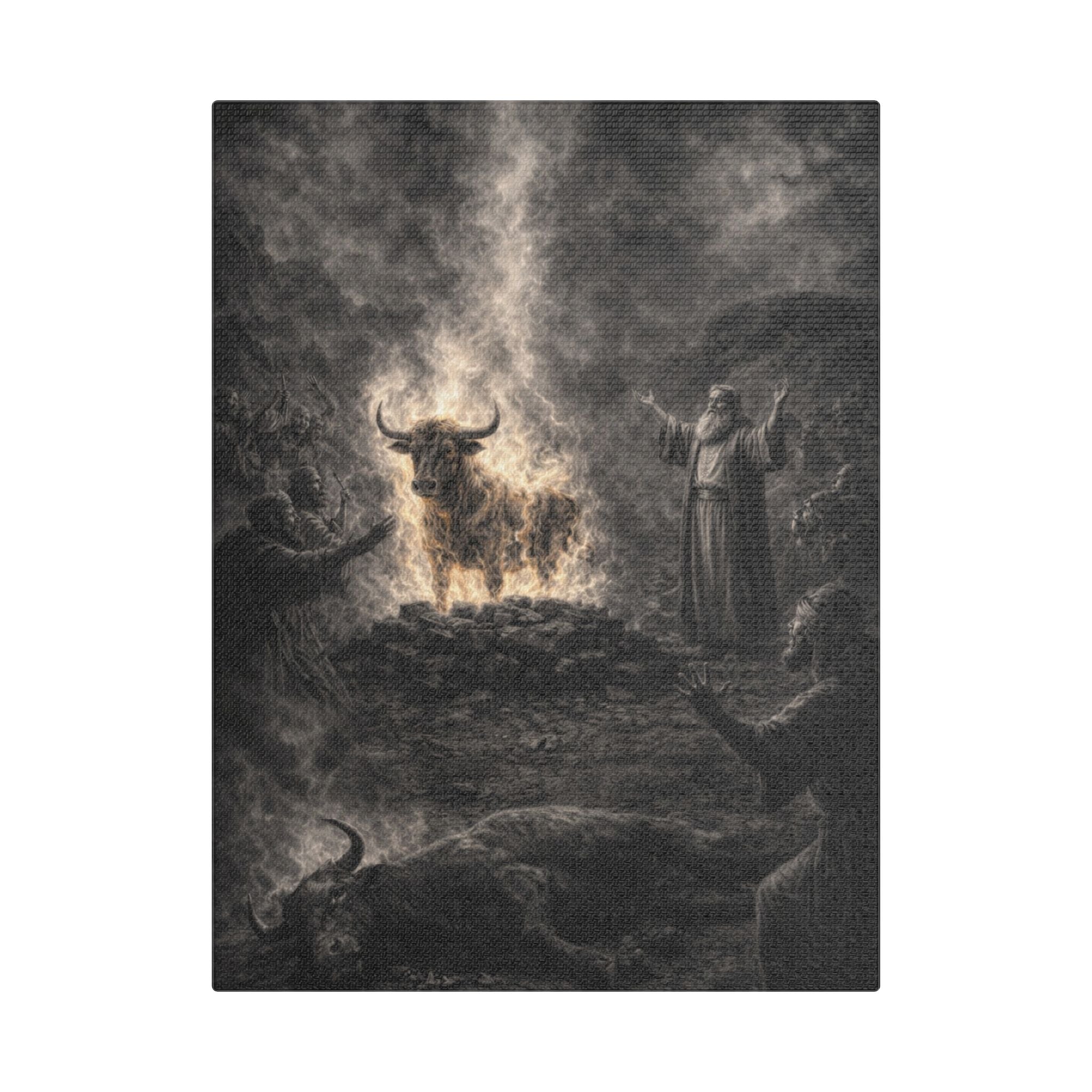 Elijah Calls Down Fire Canvas — Biblical Wall Art | Monochrome Edition