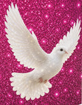 White ceramic heart-shaped handle mug featuring elegant white doves flying across a sparkling pink background with vibrant wraparound artwork.