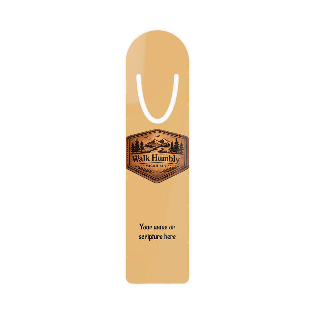 Personalized Christian aluminum bookmark featuring “Walk Humbly” scripture-inspired design with custom name, brushed metal backing, and secure page-holding slot.