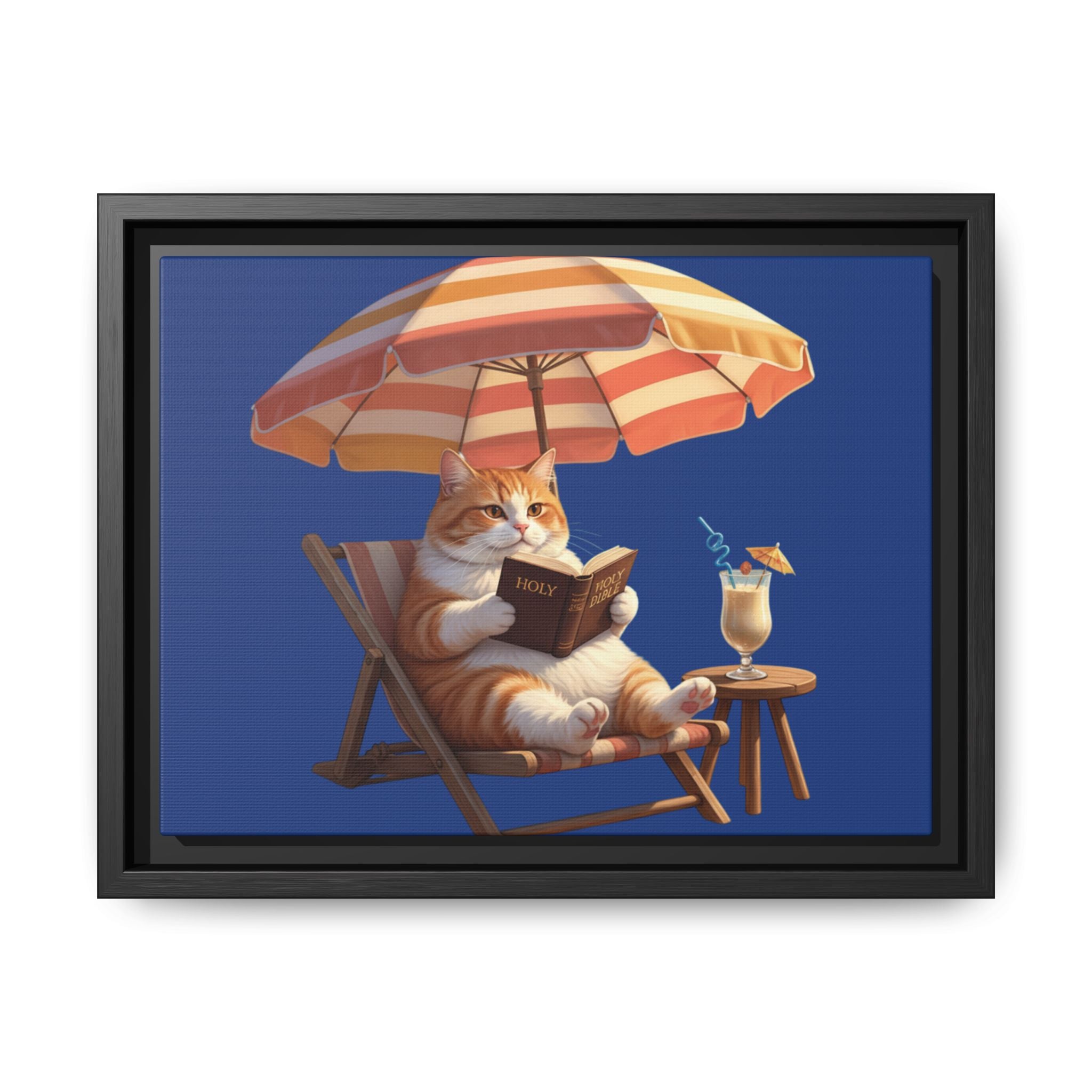 Relaxing Cat on Beach Chair Framed Canvas | Coastal Cat Wall Art