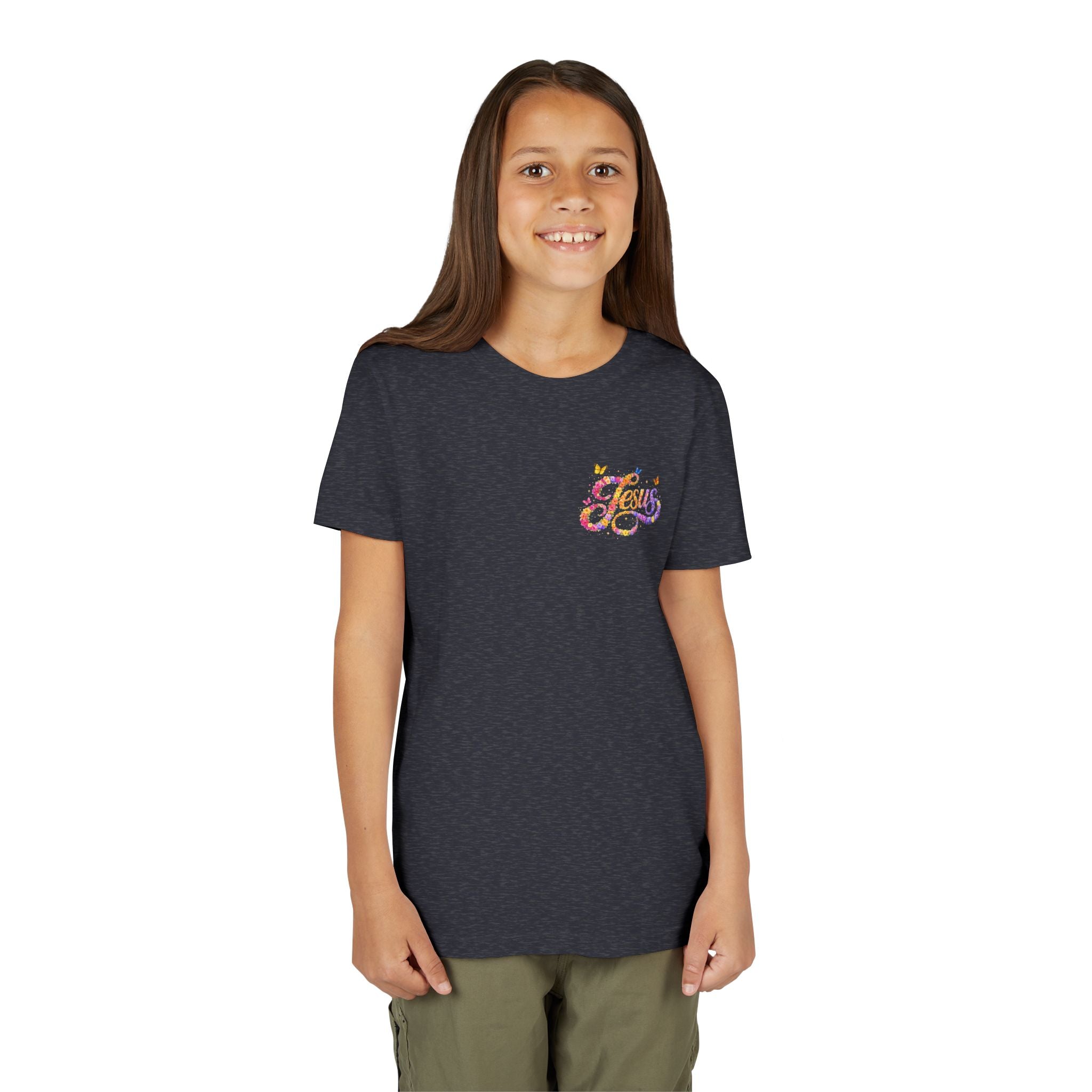 Youth Jesus Floral Script T-Shirt – Butterfly Christian Kids Tee | Faith Youth Shirt