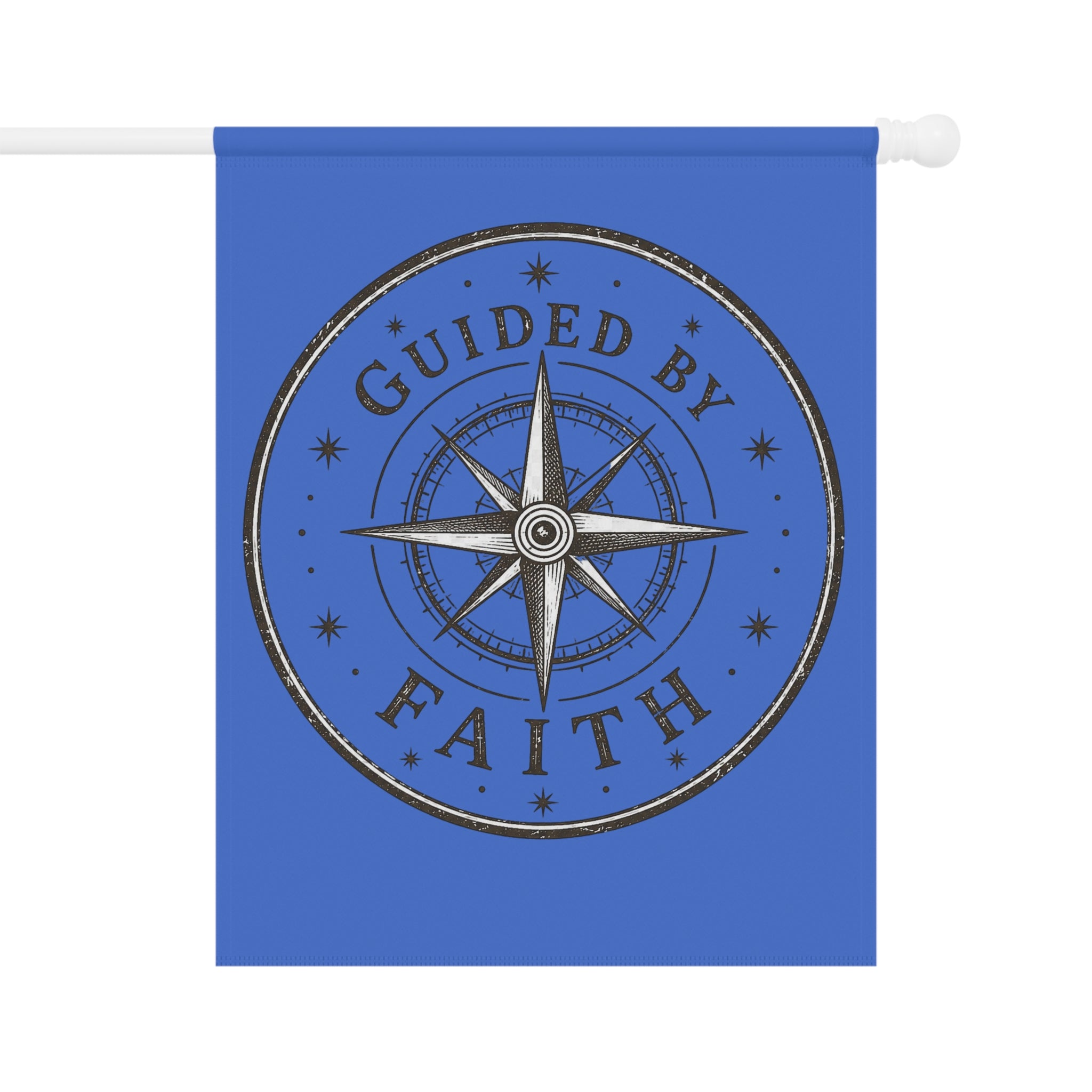 Christian garden flag featuring a vintage distressed compass design with the words “Guided By Faith” in rustic farmhouse style on a double-sided outdoor banner.