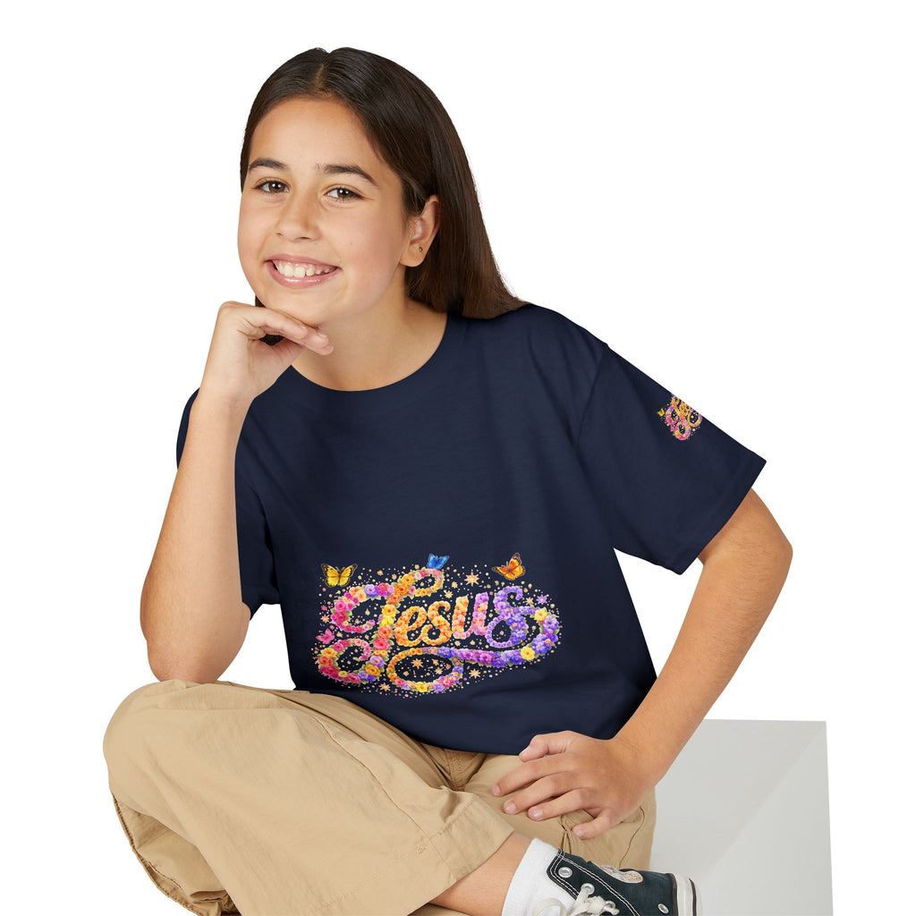 Youth Jesus Floral Butterfly T-Shirt – Christian Kids Faith Tee | Gratitude Sneaker Style Shirt