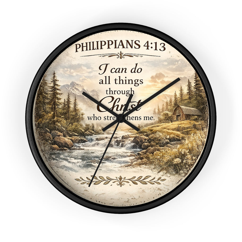 Philippians 4:13 Wall Clock | Inspirational Christian Scripture Clock | Rustic Cabin Faith Decor