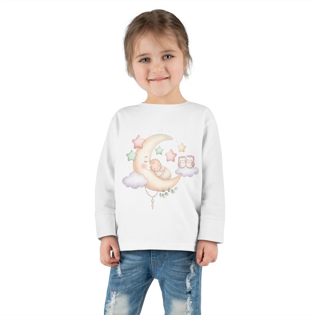 Baby Moon & Owl Toddler Long Sleeve Tee – Pastel Sleepy Moon Nursery Shirt | Cozy Toddler Pajama Style Tee