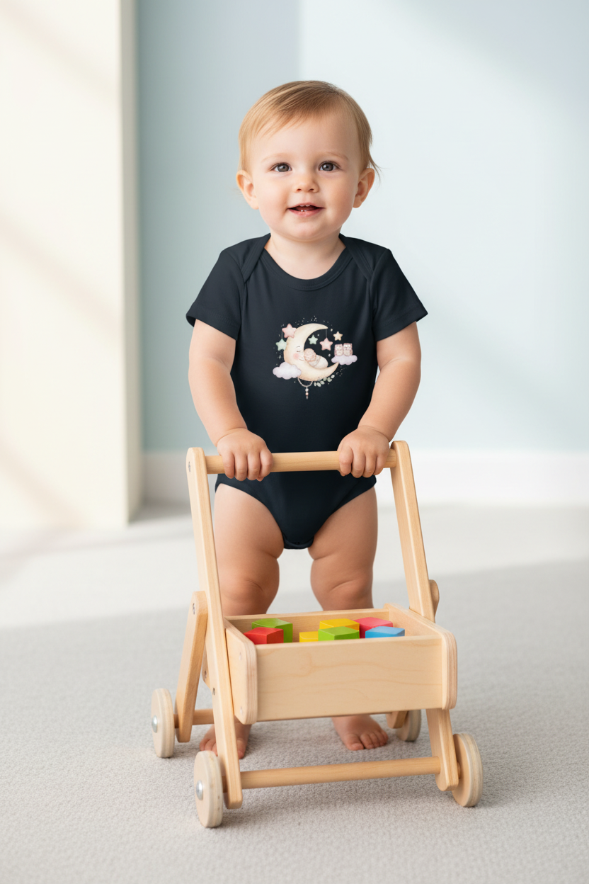 Pastel Moon & Stars Baby Bodysuit – Sleepy Moon Newborn Onesie | Cozy Baby Outfit