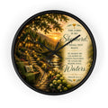 Inspirational Christian wall clock featuring a lantern-lit cottage pathway at sunset with Psalm 23 scripture about the Lord being my Shepherd.