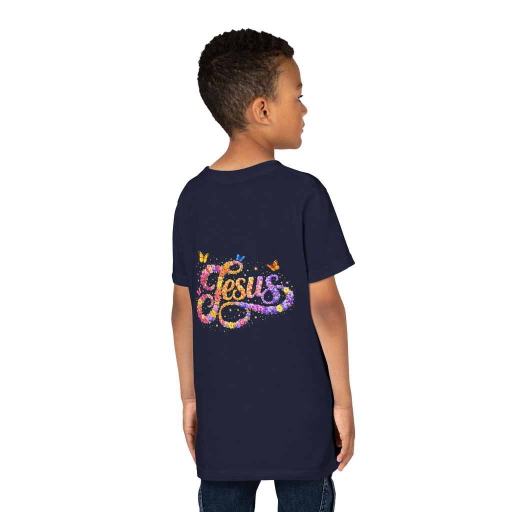 Youth Jesus Floral Script T-Shirt – Butterfly Christian Kids Tee | Faith Youth Shirt