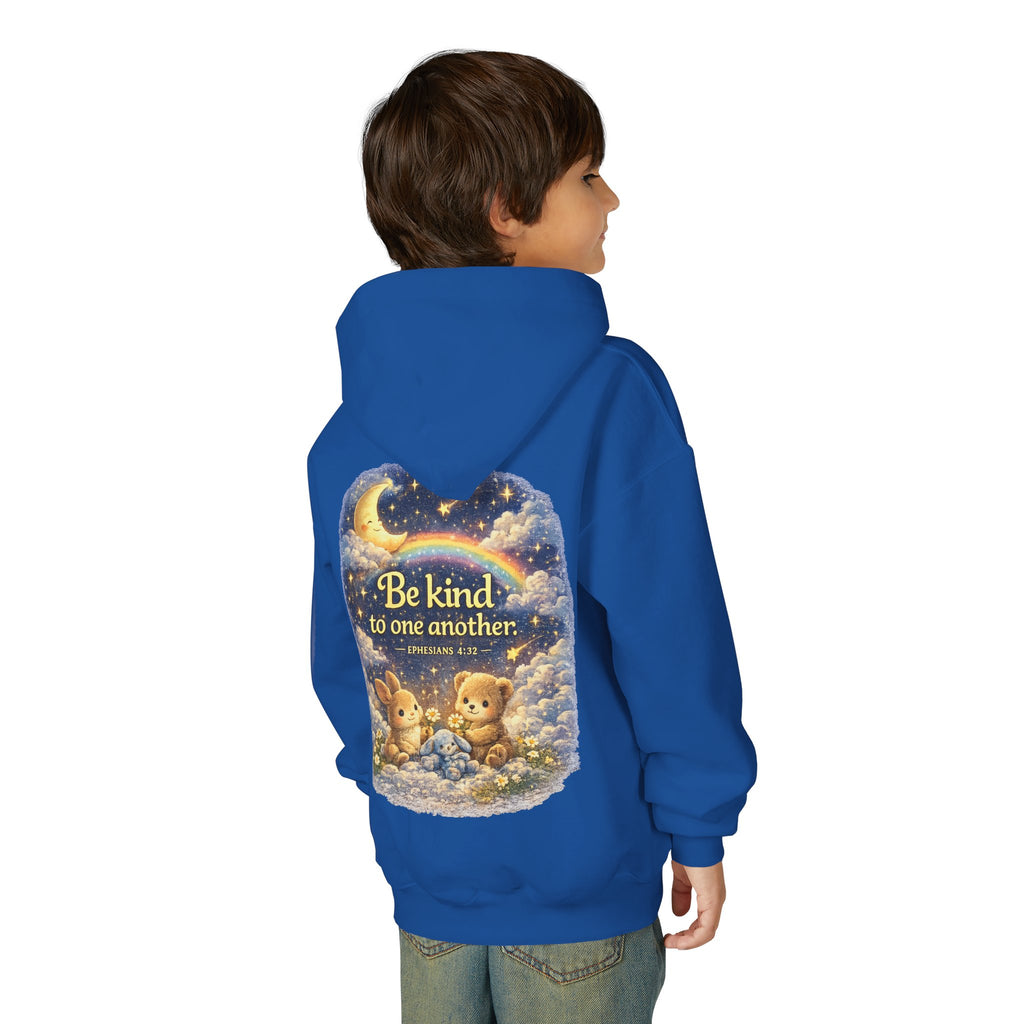 Youth “Be Kind to One Another” Hoodie – Cute Bunny Night Sky Scripture Sweatshirt