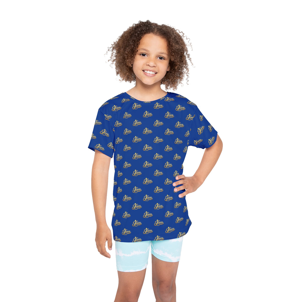 Youth Jesus Sports Jersey – Blue All-Over Print Christian Athletic Shirt | Kids Faith Sportswear