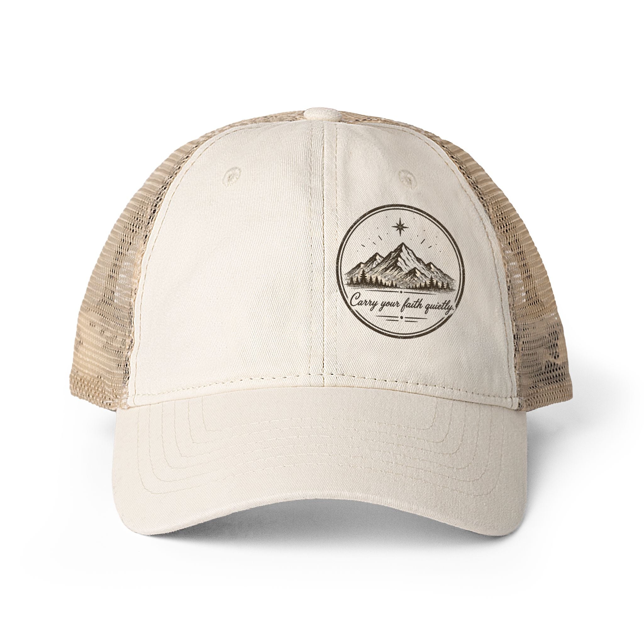 Women’s washed mesh-back Christian cap featuring the phrase “Carry Your Faith Quietly” with vintage styling and concealed ponytail opening.
