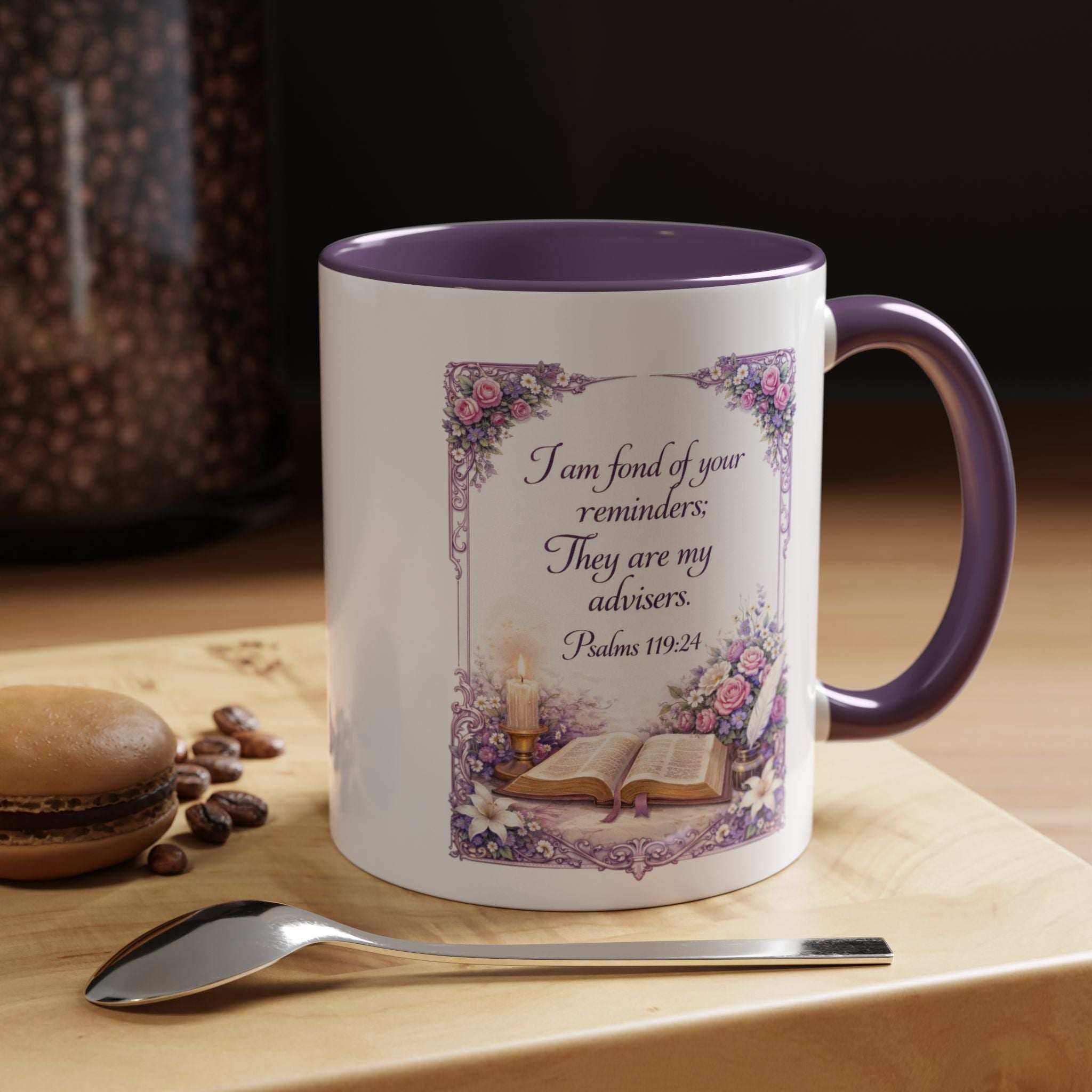 Inspirational Christian ceramic accent coffee mug featuring Psalm 119:24, delicate floral artwork, and the message “I am fond of your reminders” with colorful handle and interior accents.