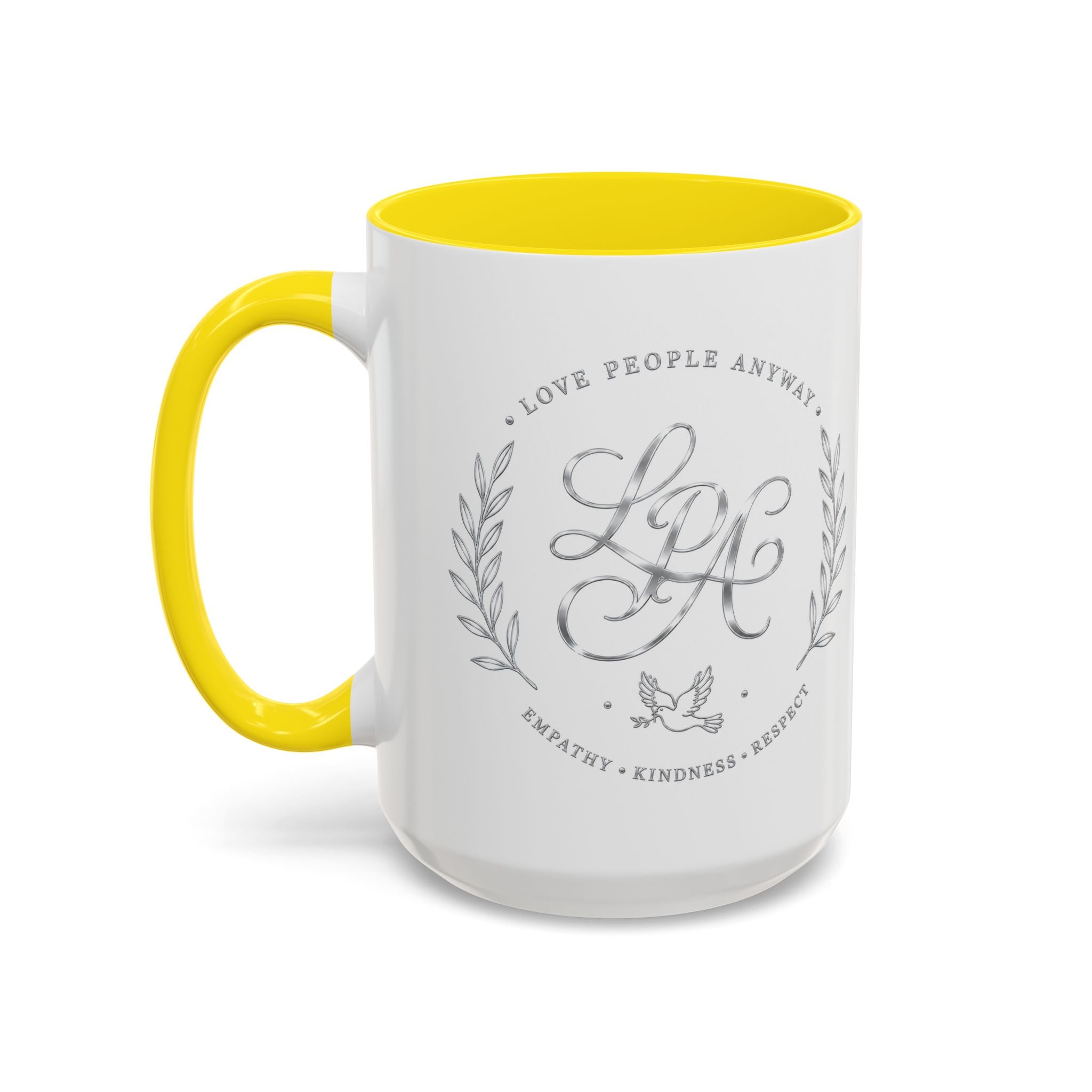 Love People Anyway Silver Accent Coffee Mug | Inspirational Monogram Mug | Faith Freedom Creations