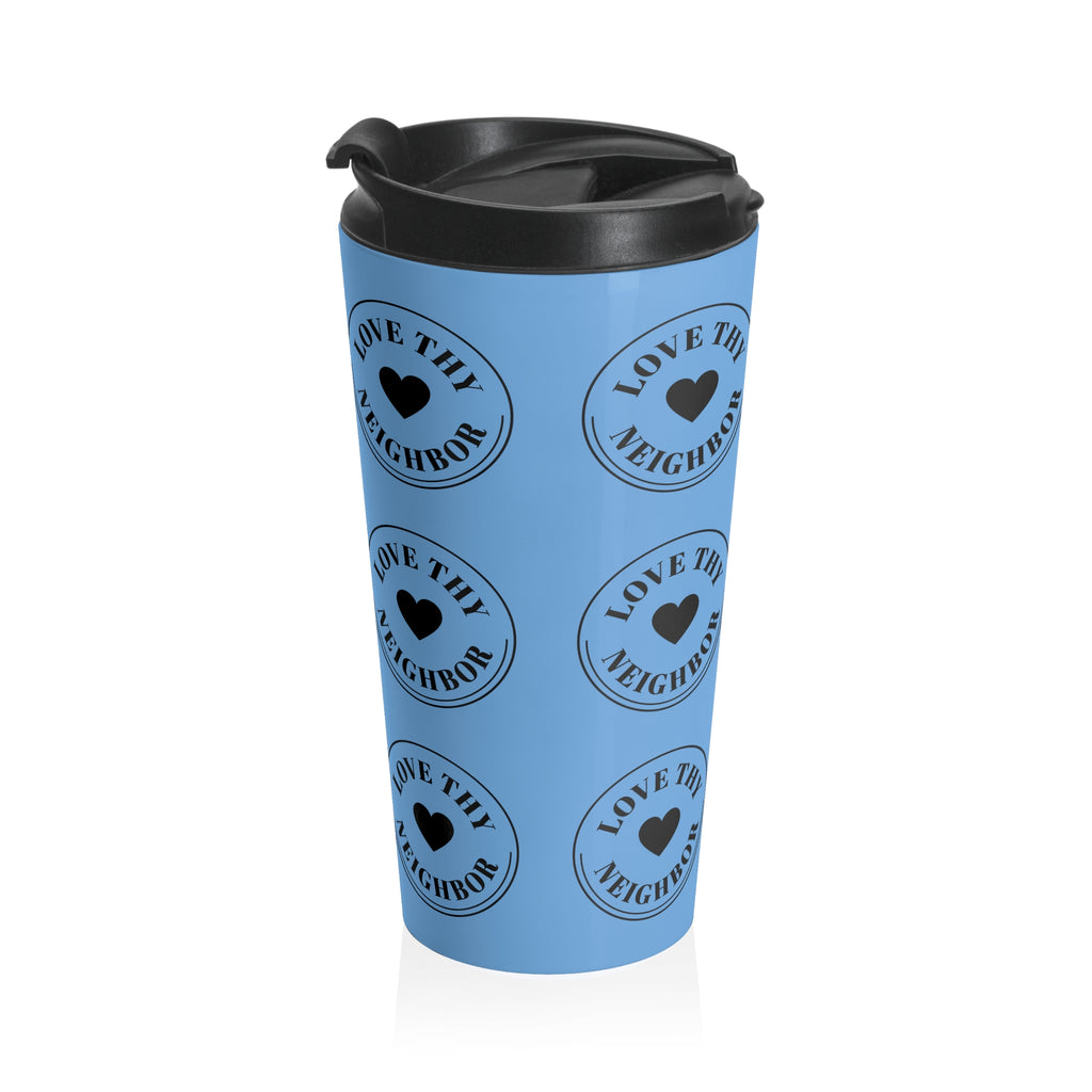 Blue insulated stainless steel travel mug featuring repeating "Love Thy Neighbor" heart emblems with a leak-resistant flip-top lid and 15 oz vacuum-insulated design.