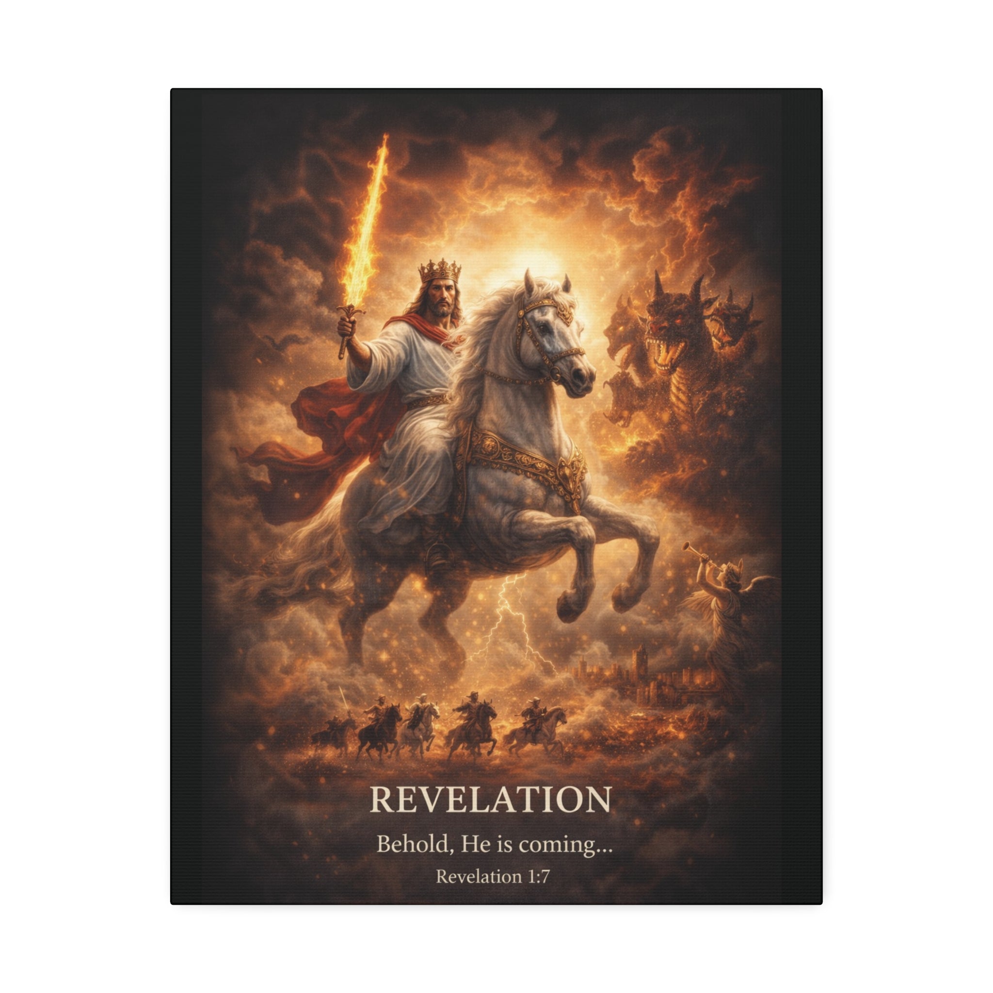Revelation Canvas Art – “Behold, He Is Coming” Biblical Horseman Wall Decor | Christian Scripture Canvas