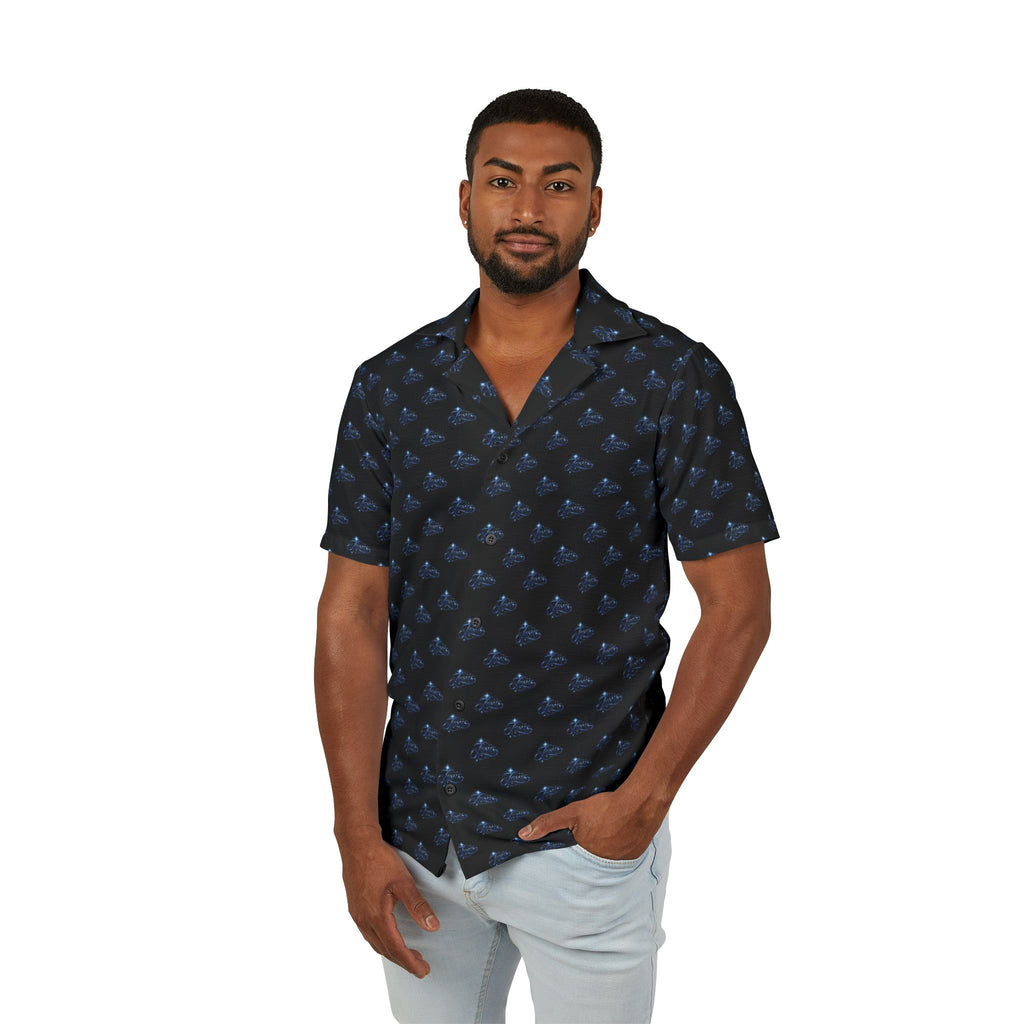 'Jesus' Navy Tropical Hawaiian Camp Shirt — Small Blue Wave Print