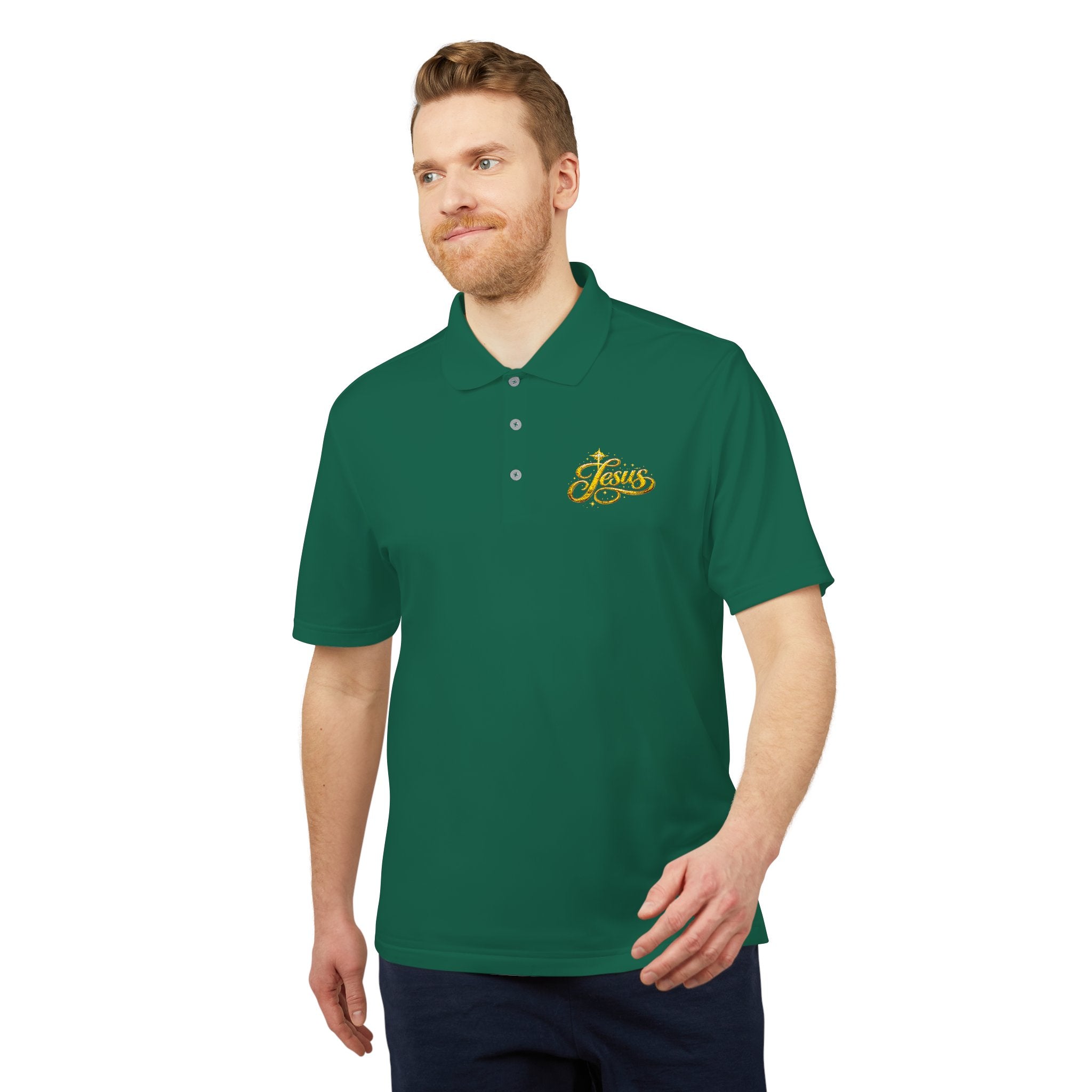 'Jesus' Script Embroidered Polo — Gold Faith Golf Shirt