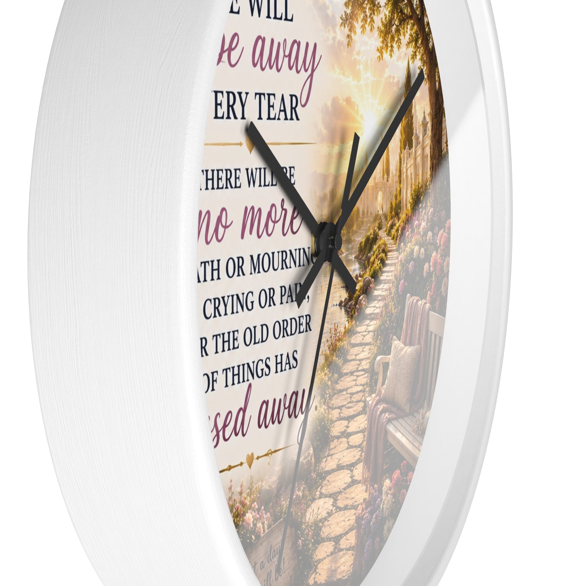 Revelation 21:4 Wall Clock | Christian Prayer Garden Decor | Inspirational Silent Wall Clock