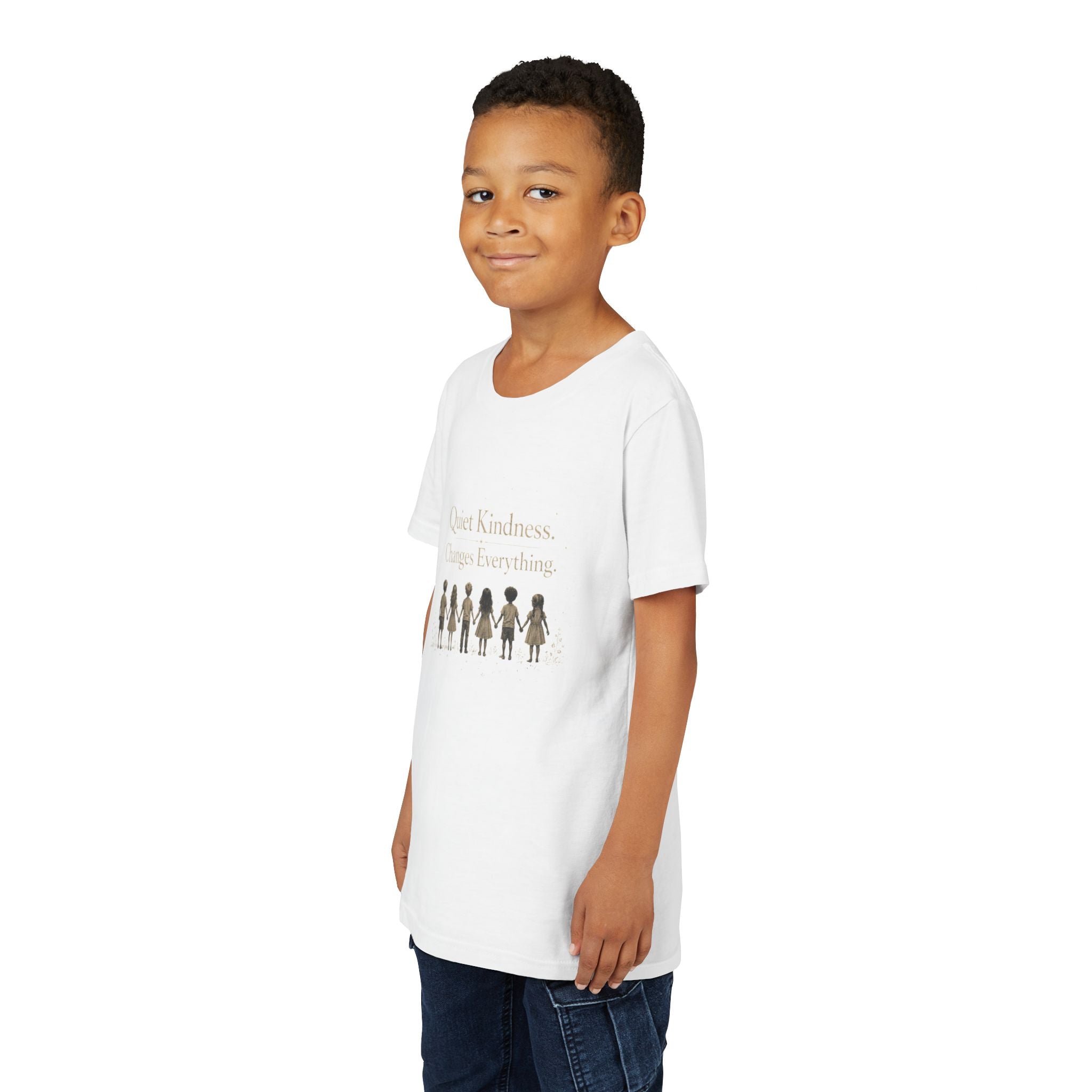 Youth “Quiet Kindness Changes Everything” Tee – Kids Inspirational T-Shirt with Earth & Friends Graphic