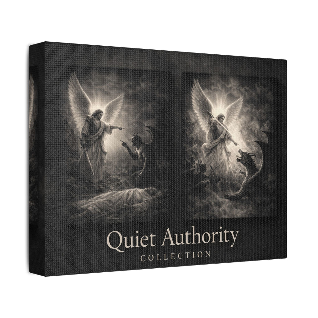Quiet Authority Michael Canvas — Archangel Michael Christian Wall Art | Monochrome Angel Canvas