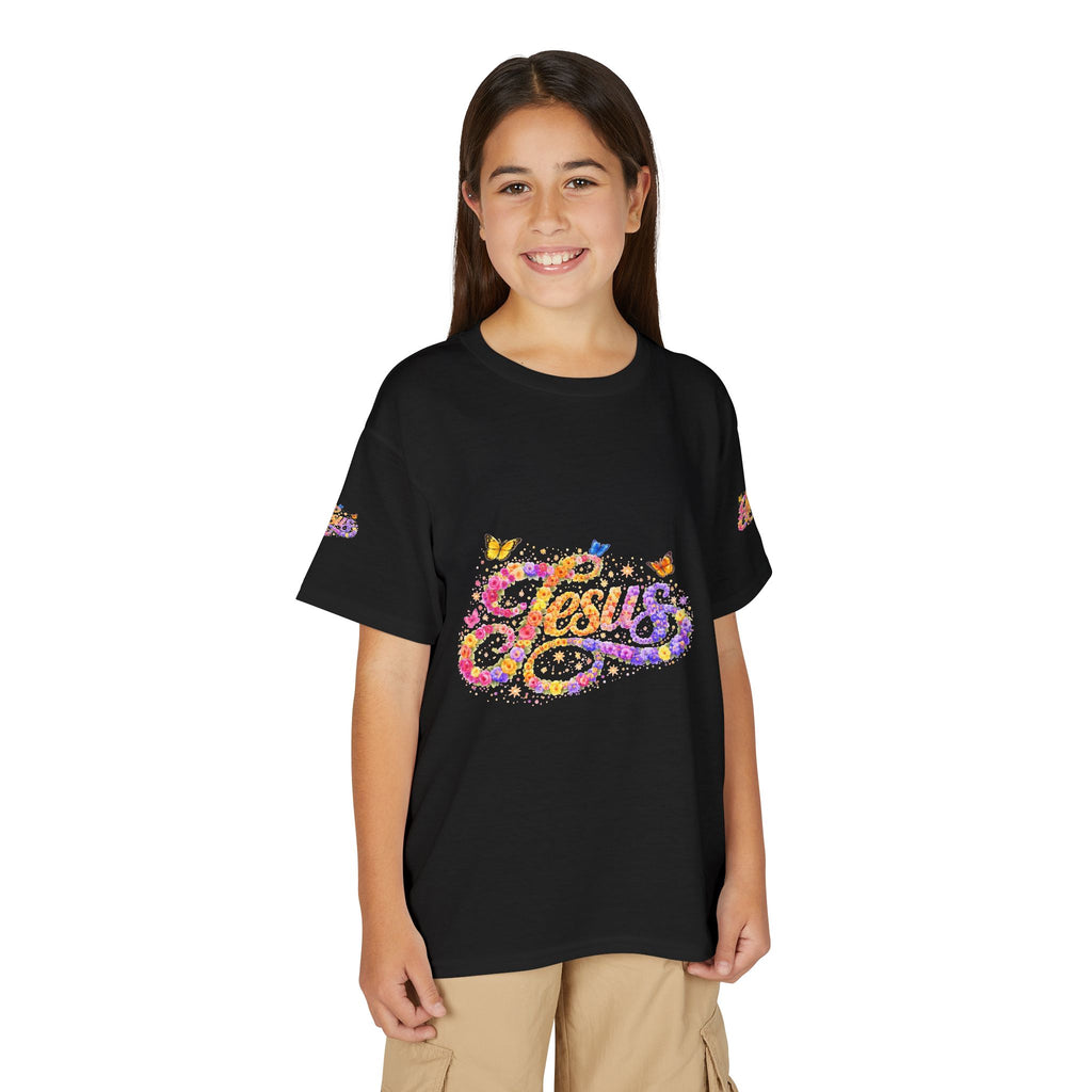 Youth Jesus Floral Butterfly T-Shirt – Christian Kids Faith Tee | Gratitude Sneaker Style Shirt