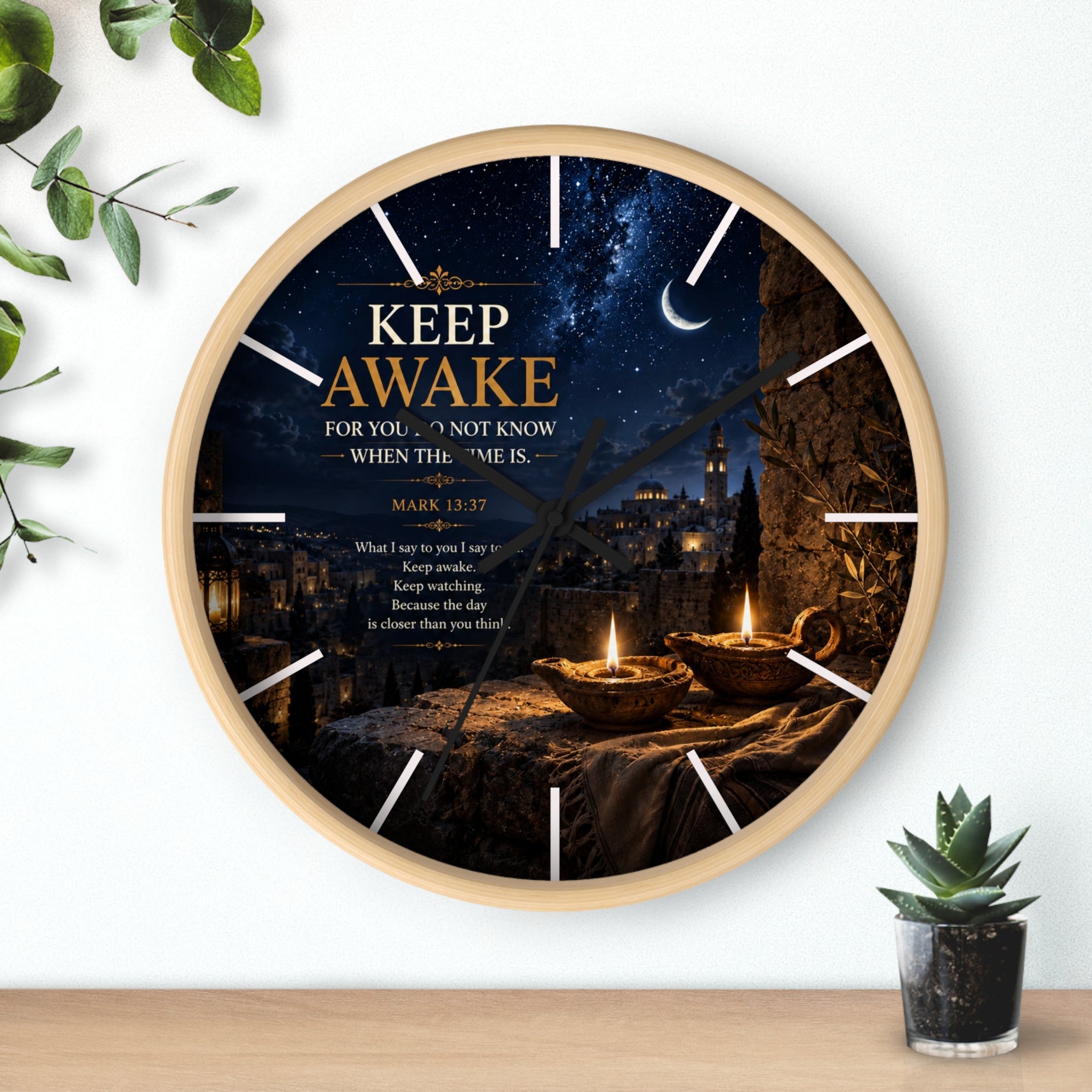 Keep Awake Wall Clock | Mark 13:37 Christian Nightscape Clock | Inspirational Faith Decor