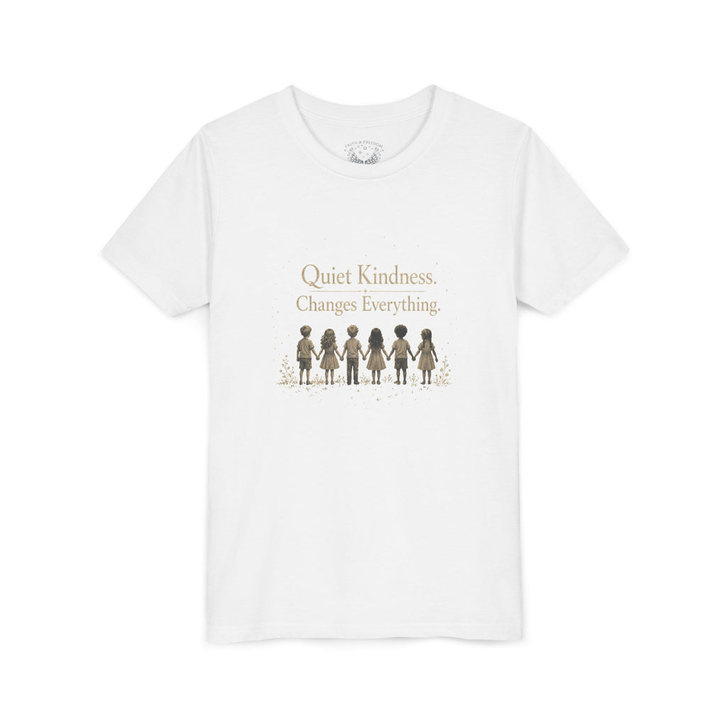 Youth “Quiet Kindness Changes Everything” Tee – Kids Inspirational T-Shirt with Earth & Friends Graphic