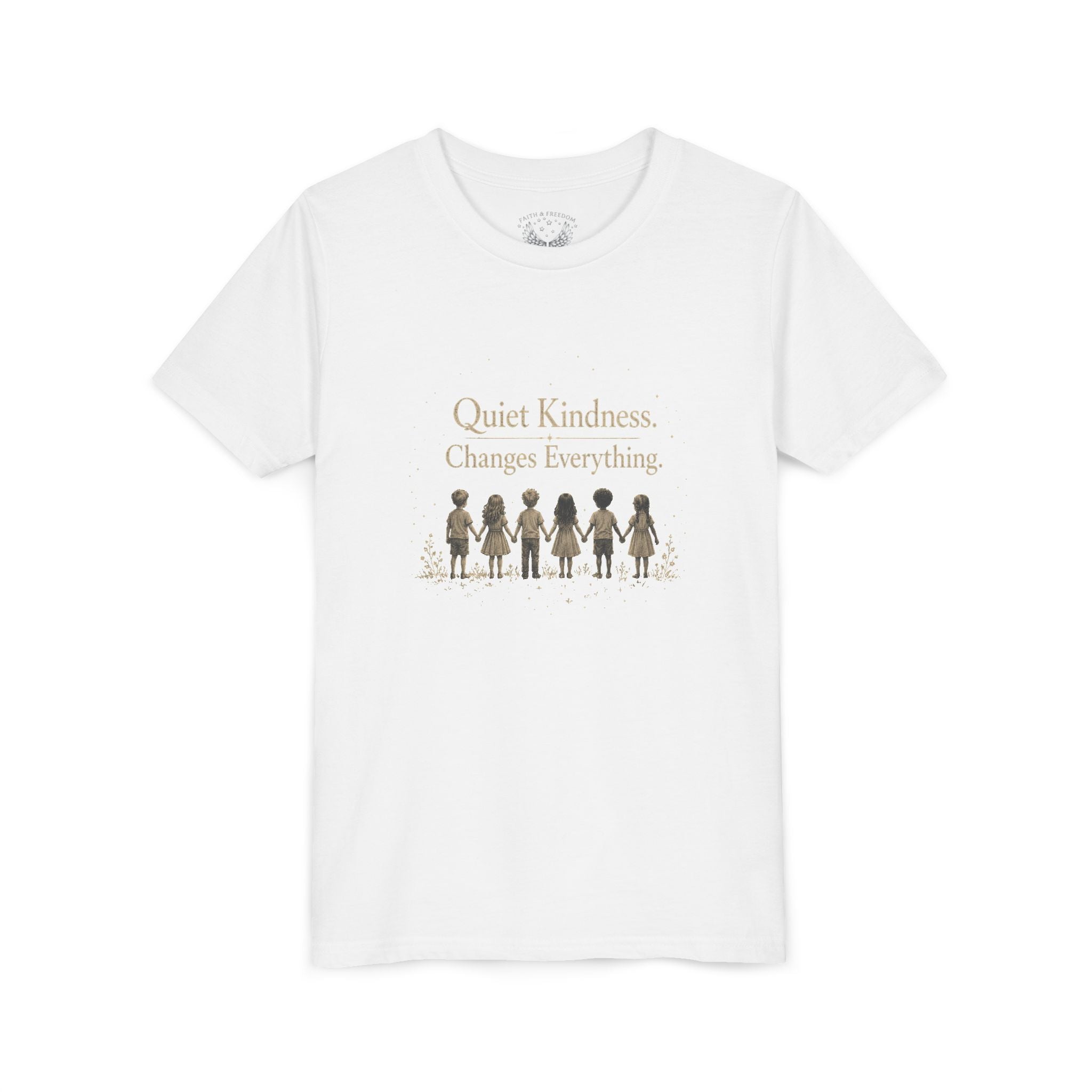 Youth “Quiet Kindness Changes Everything” Tee – Kids Inspirational T-Shirt with Earth & Friends Graphic