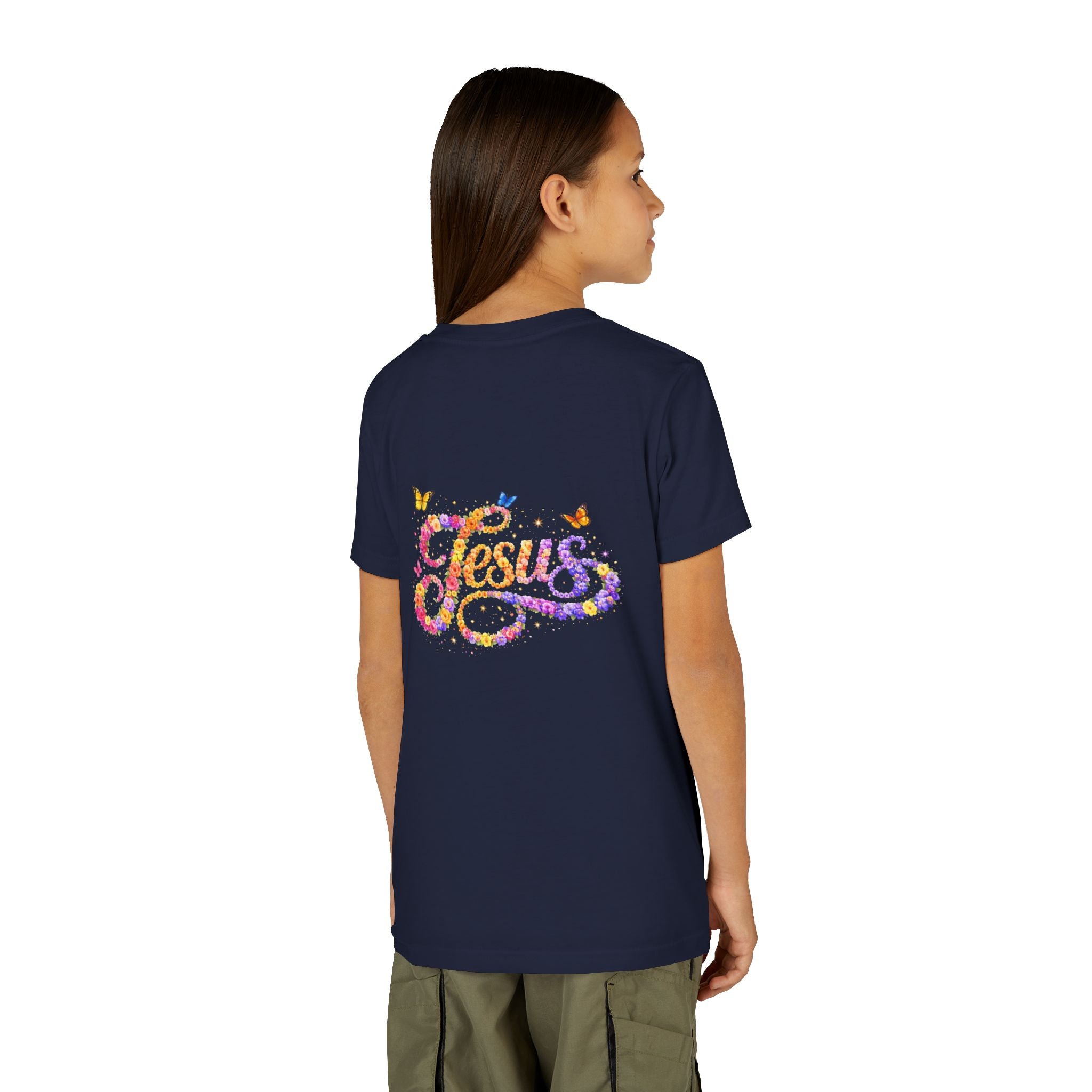 Youth Jesus Floral Script T-Shirt – Butterfly Christian Kids Tee | Faith Youth Shirt