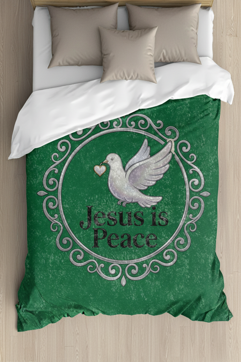 Emerald green crushed velvet blanket featuring a white dove carrying a heart with the words "Jesus Is Peace" in elegant lettering.
