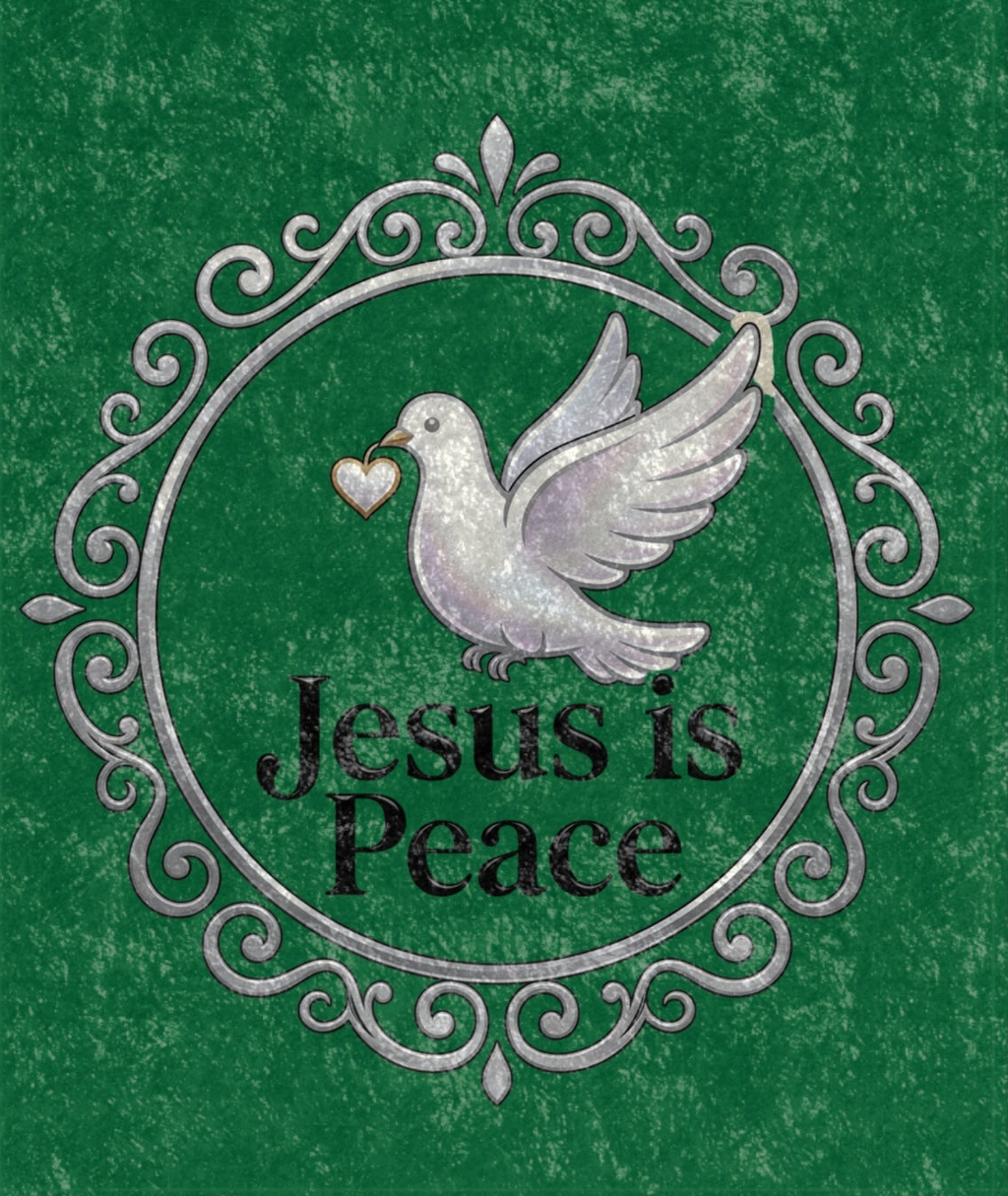 Emerald green crushed velvet blanket featuring a white dove carrying a heart with the words "Jesus Is Peace" in elegant lettering.