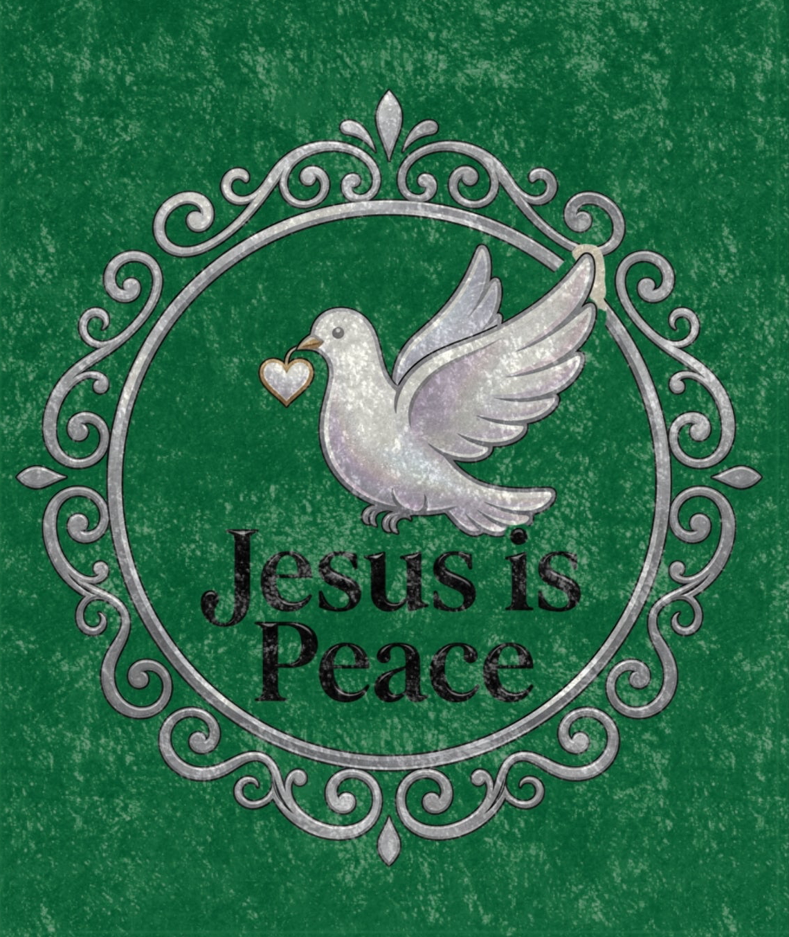Emerald green crushed velvet blanket featuring a white dove carrying a heart with the words "Jesus Is Peace" in elegant lettering.