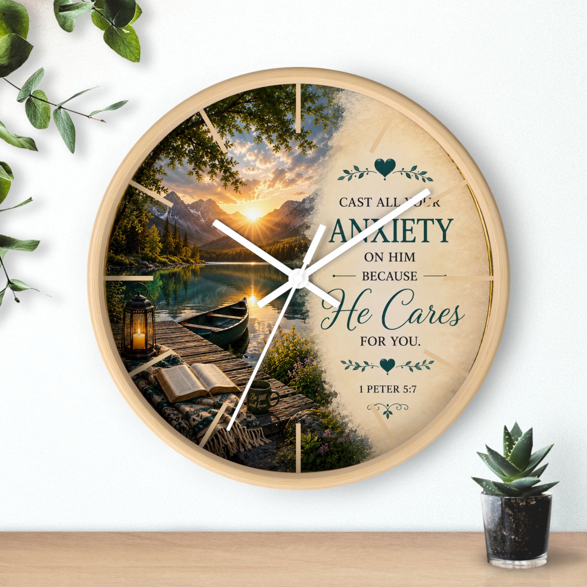 Inspirational Christian wall clock featuring a peaceful lakeside sunrise with a dock, canoe, and 1 Peter 5:7 scripture about casting anxiety on Him.