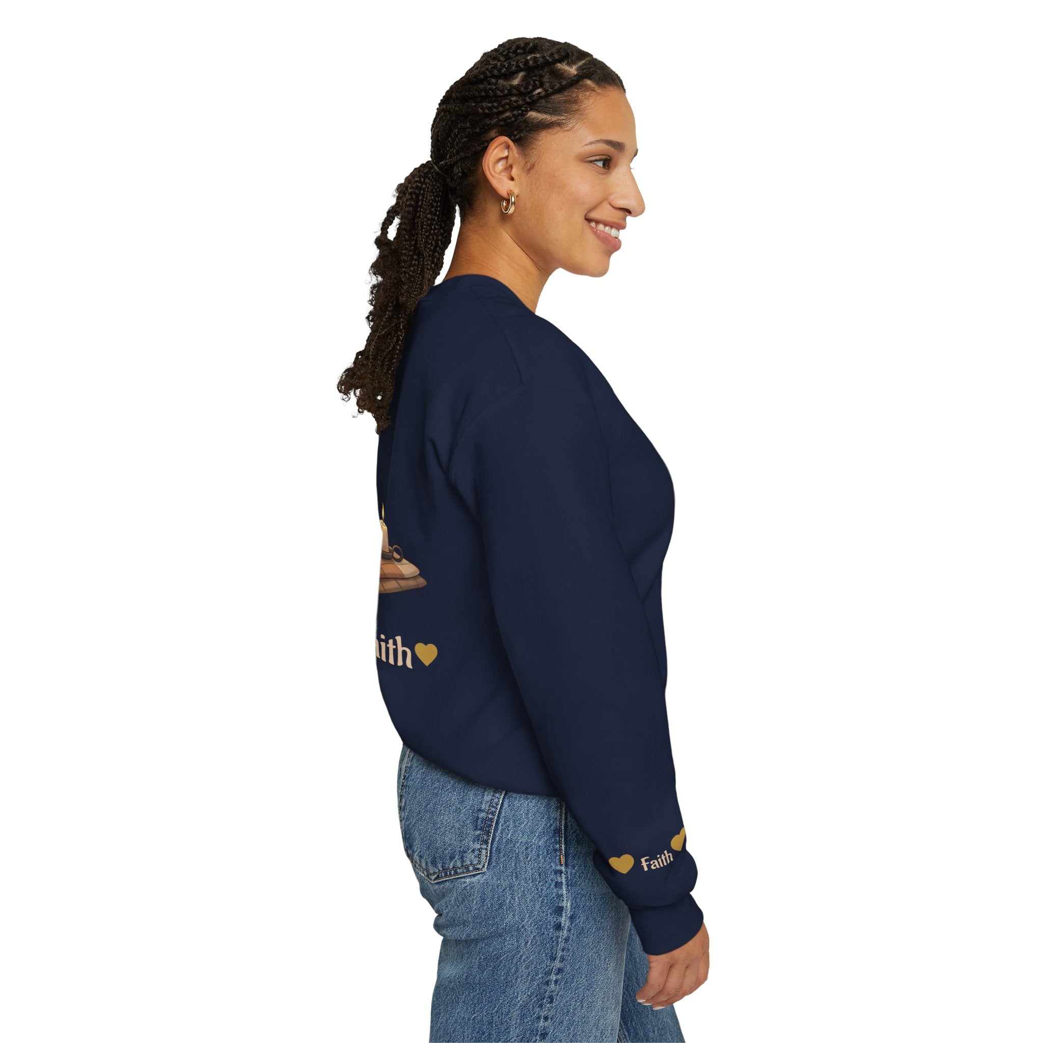 Faith Cozy Cat Crewneck Sweatshirt – Candlelight Cat Faith Sweatshirt | Quiet Comfort Apparel