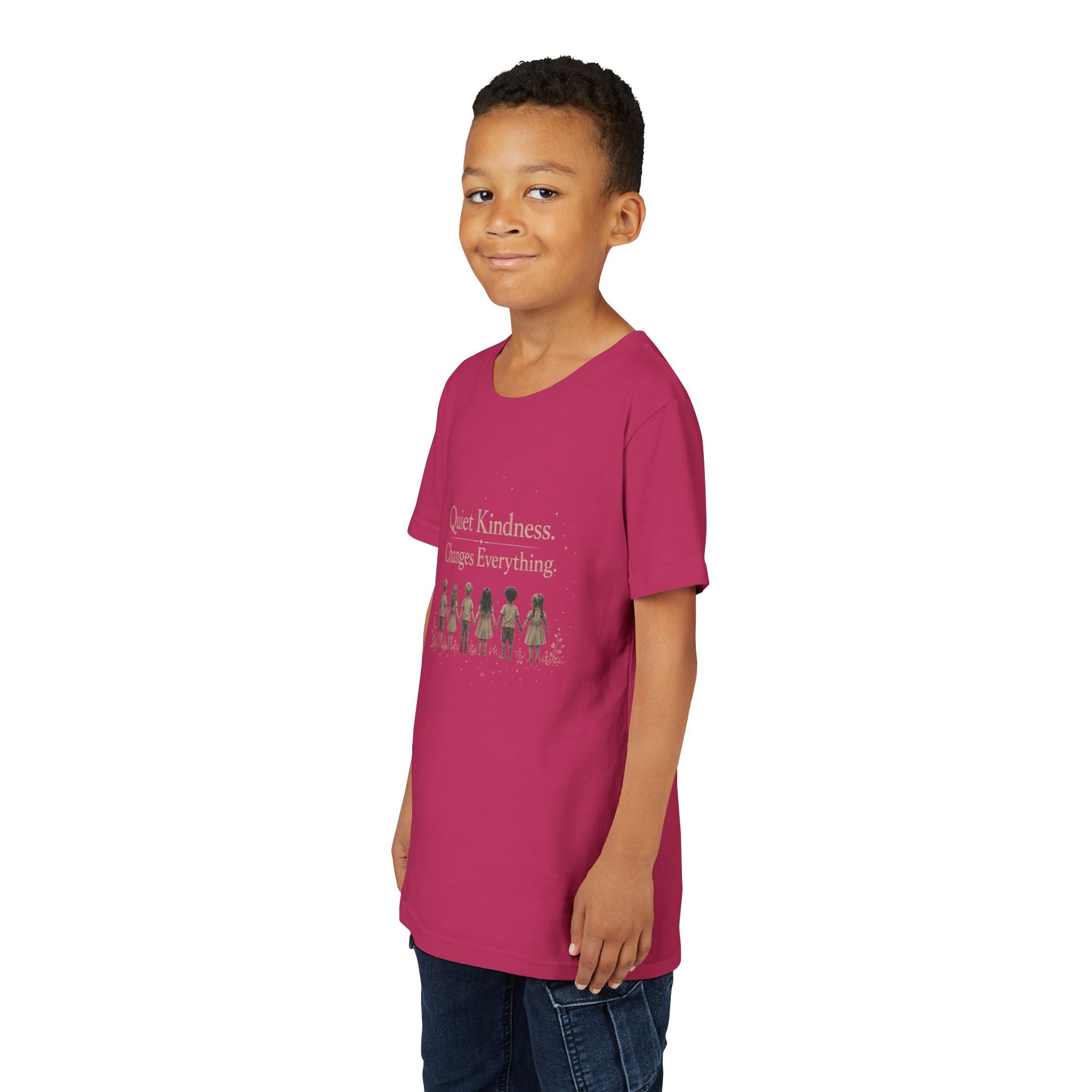 Youth “Quiet Kindness Changes Everything” Tee – Kids Inspirational T-Shirt with Earth & Friends Graphic