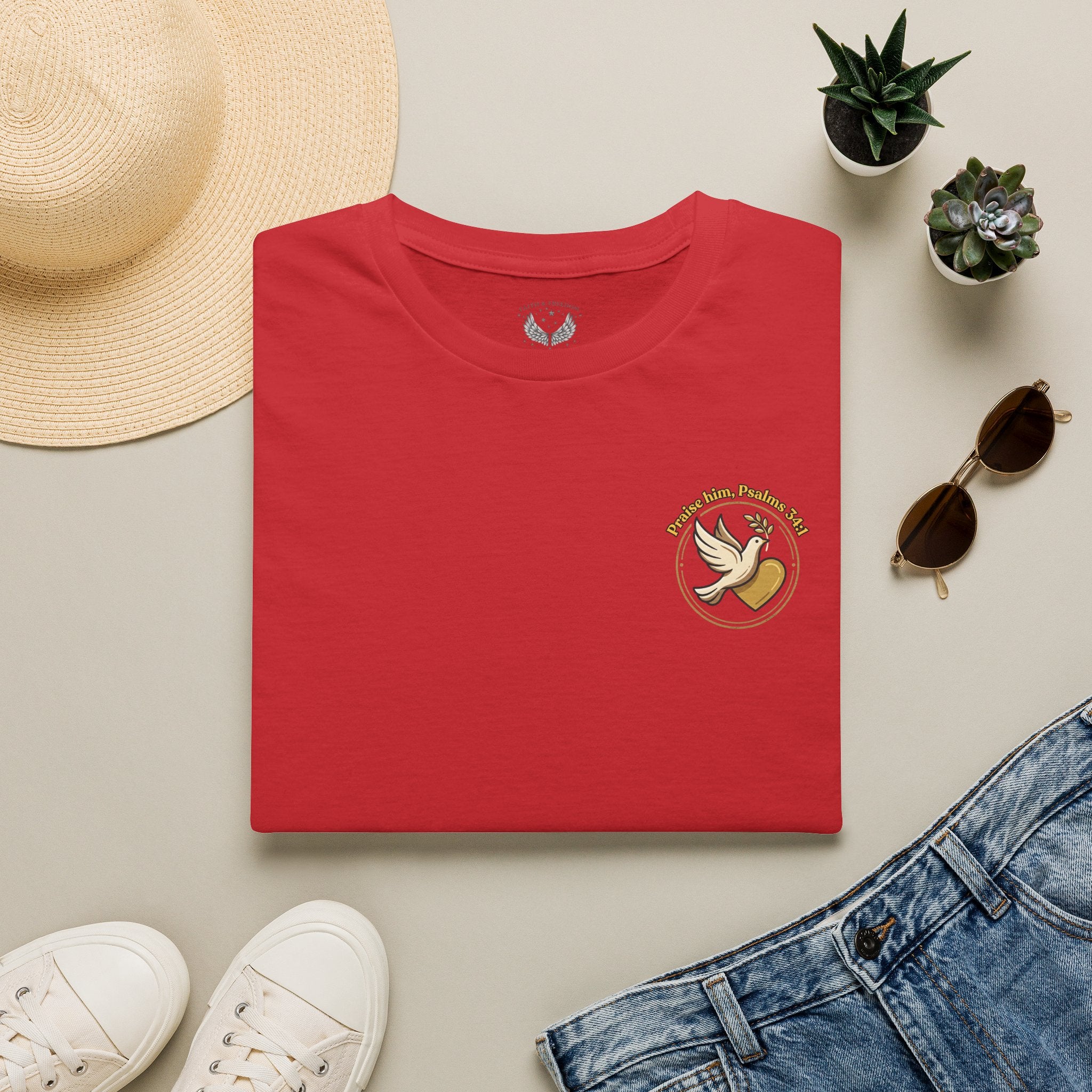 Minimalist Christian T-shirt featuring a Dove of Peace chest emblem with the words “Pray, Love, Remember” on a soft lightweight faith-inspired tee.