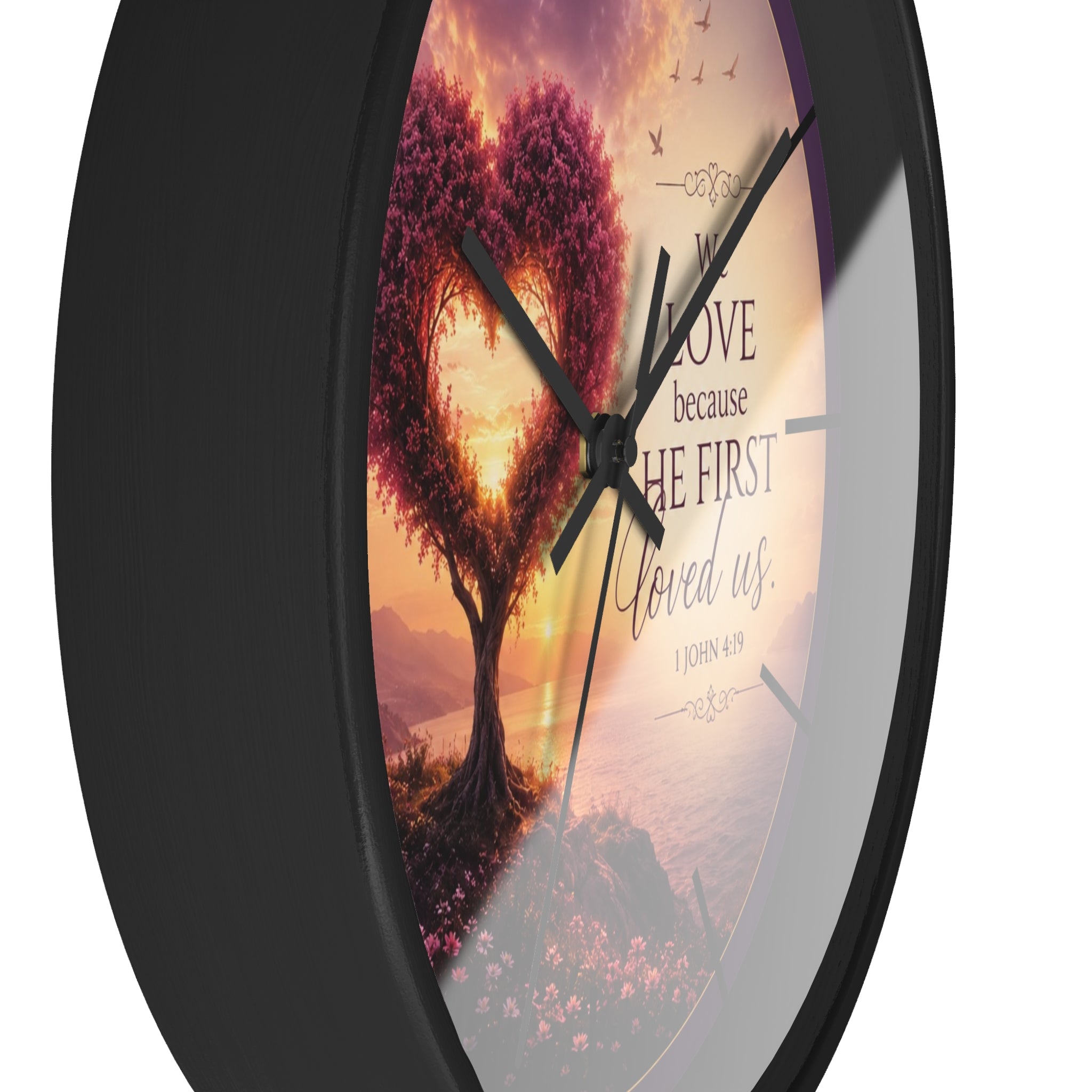 We Love Because He First Loved Us Wall Clock | Christian Heart Tree Decor | 1 John 4:19 Scripture Clock