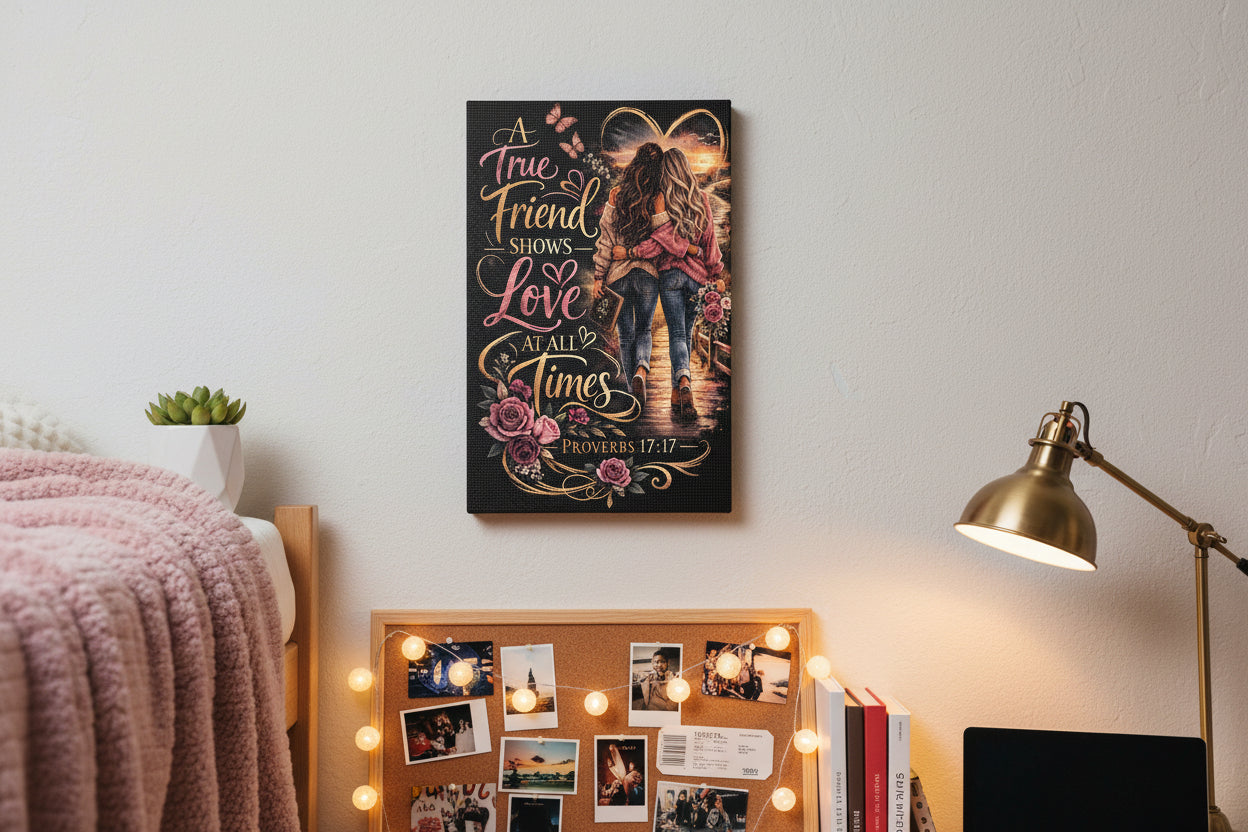 Friendship Canvas Wall Art – “A True Friend Shows Love at All Times” Proverbs 17:17 | Christian Friendship Decor