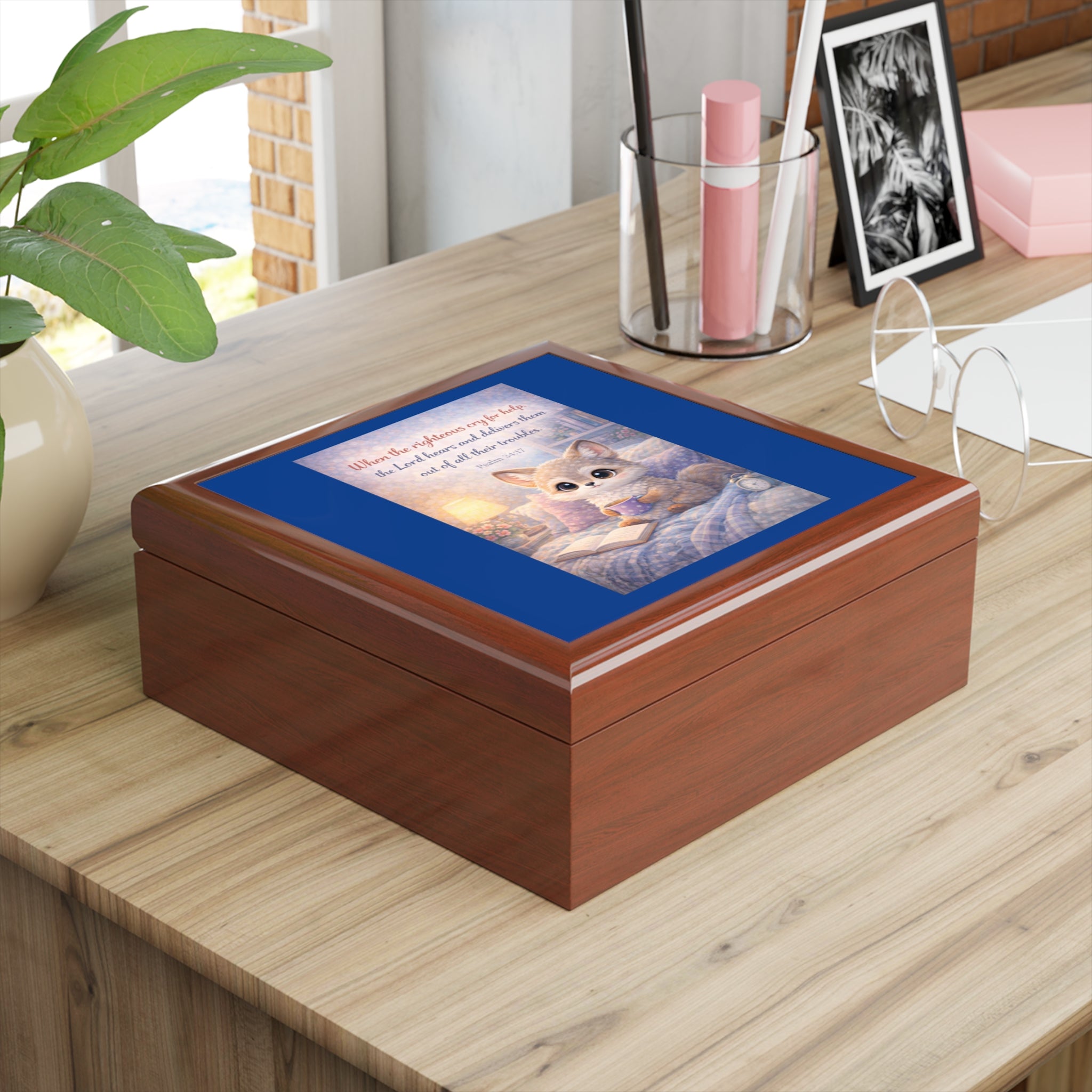 The Righteous Cry Out - Cozy Kitten Jewelry Box with Psalm 34:17
