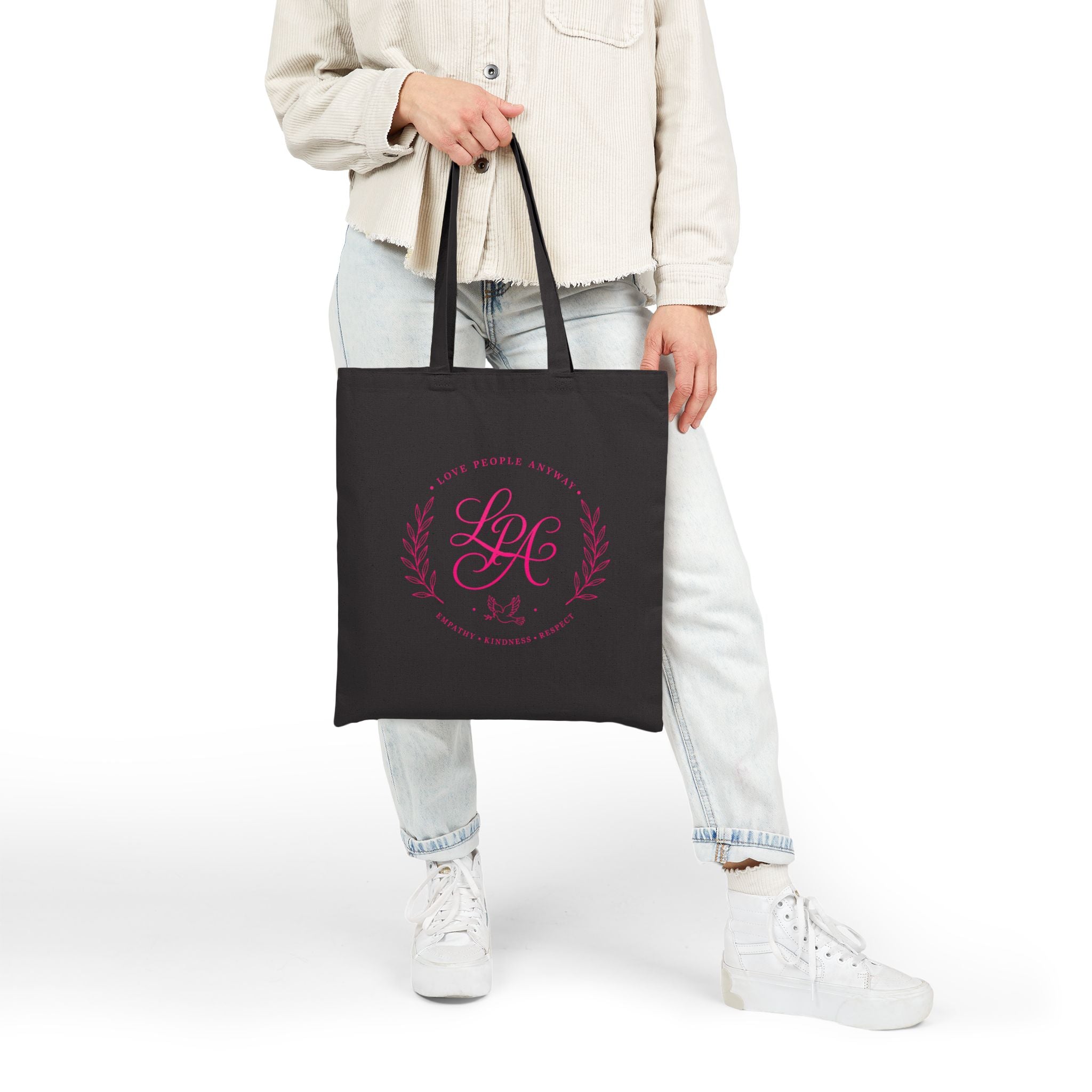 Love People Anyway Pink Monogram Tote Bag | Inspirational Canvas Tote | Empathy Kindness Respect