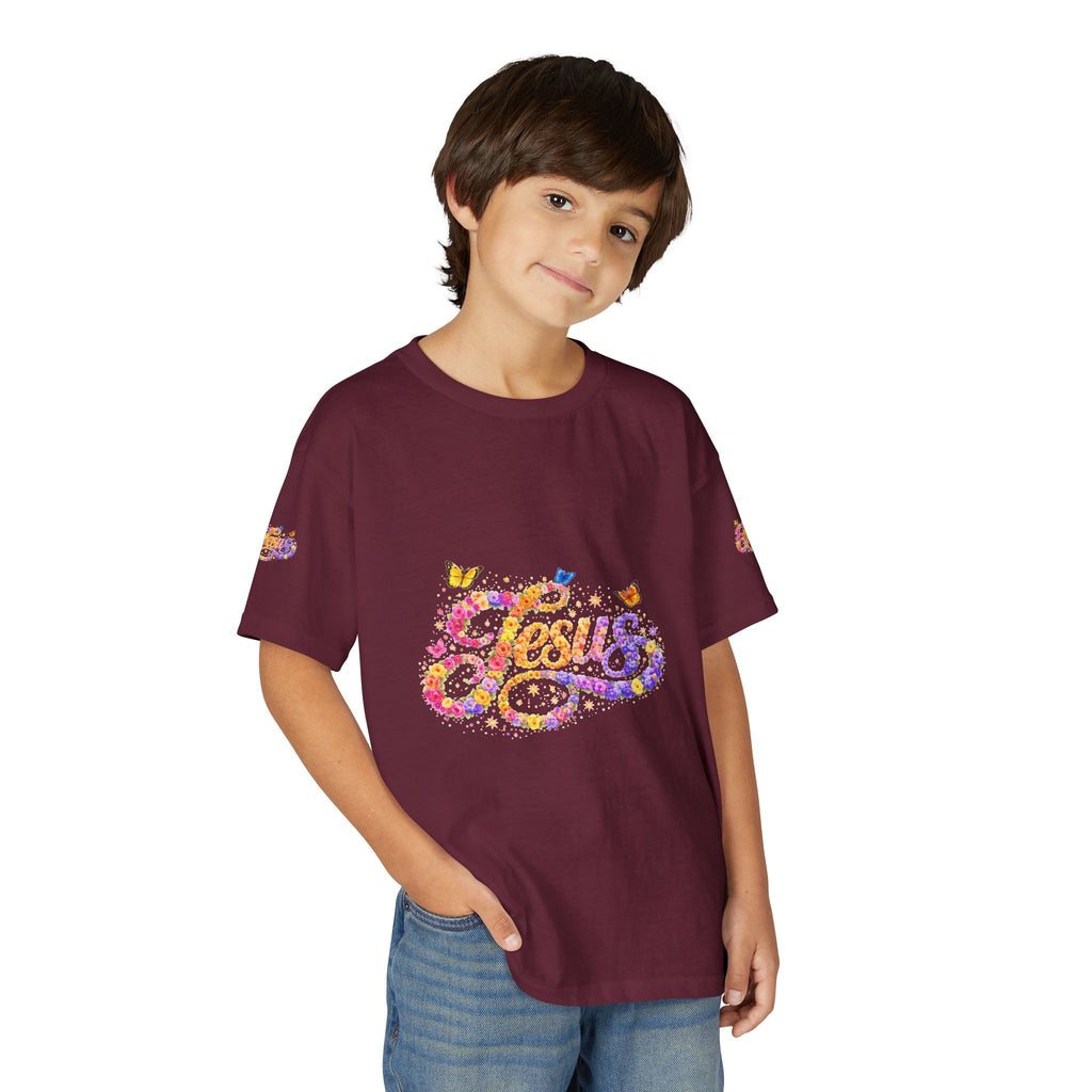 Youth Jesus Floral Butterfly T-Shirt – Christian Kids Faith Tee | Gratitude Sneaker Style Shirt