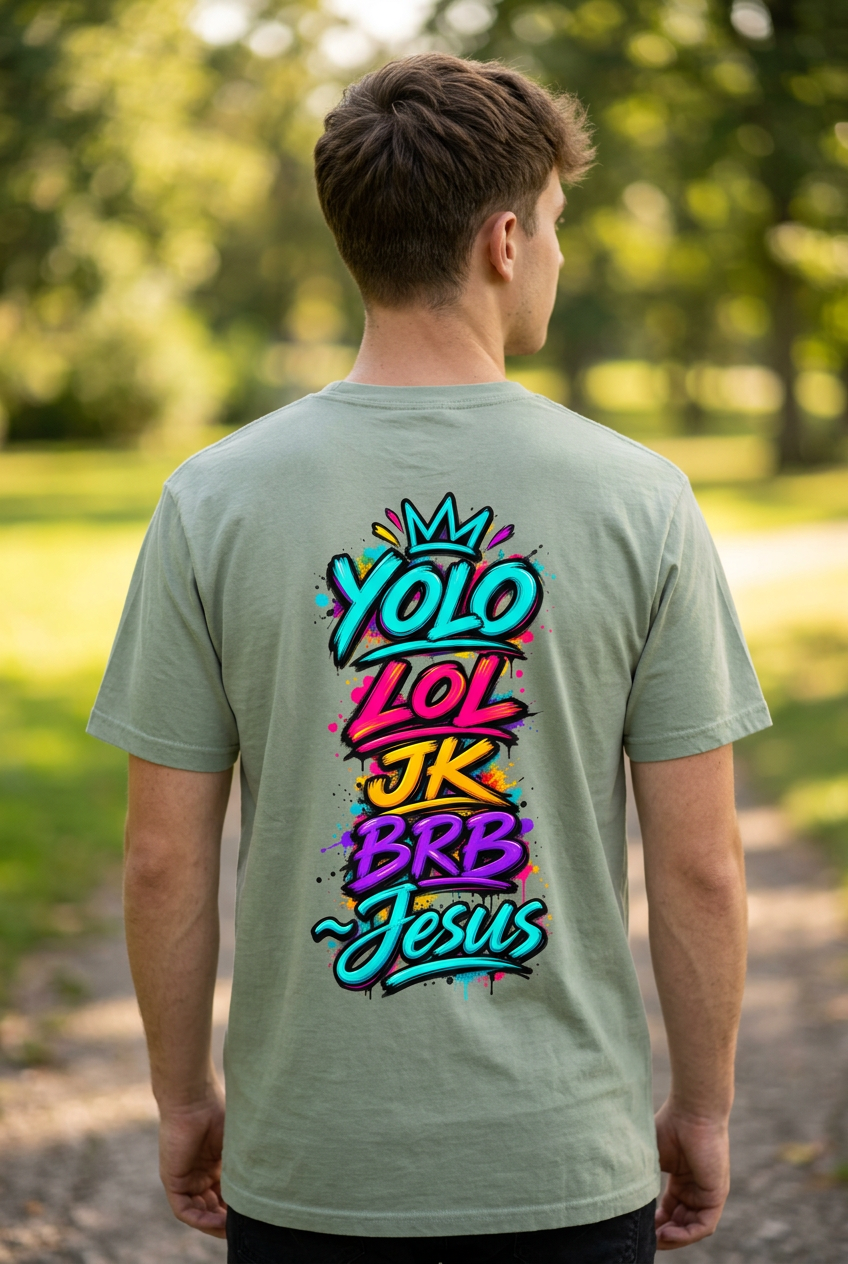 YOLO LOL JK BRB Jesus T-Shirt | Neon Christian Graffiti Comfort Colors Tee| Unisex
