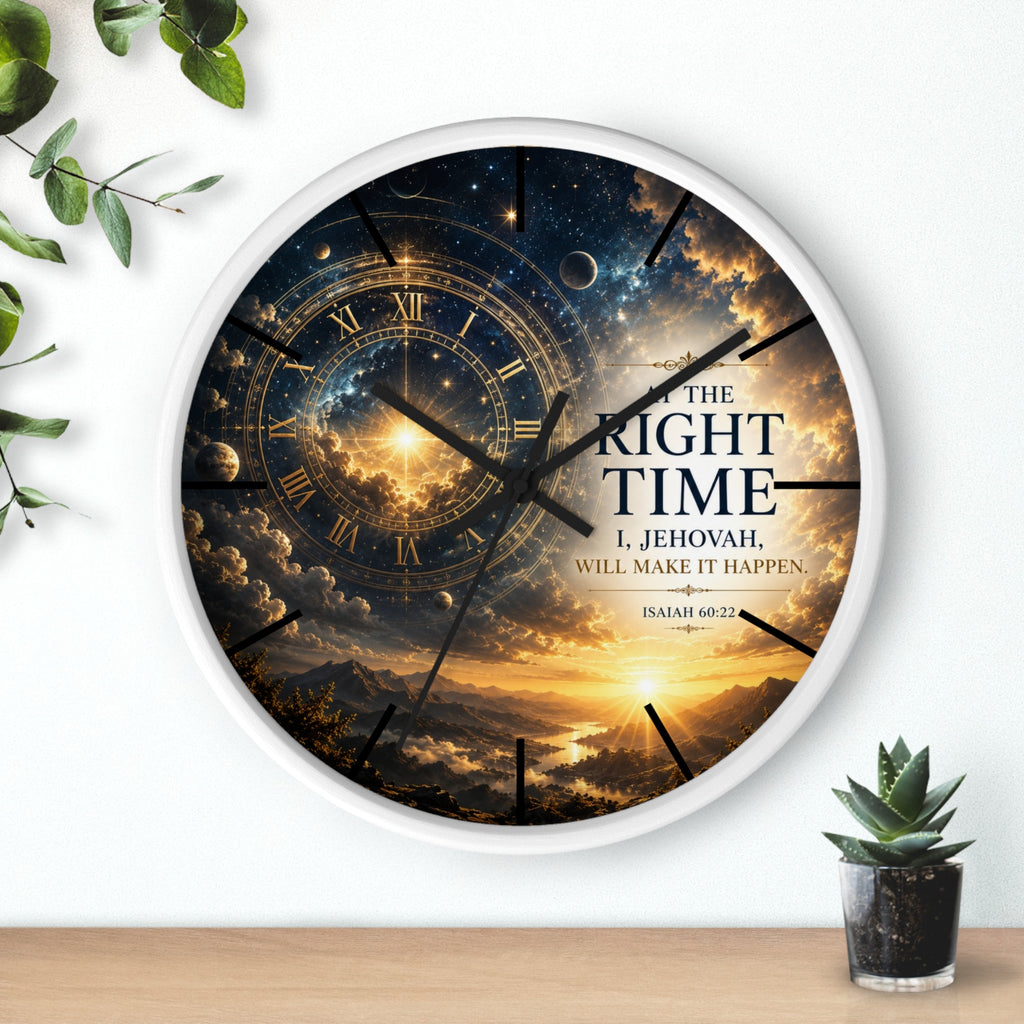 Bring peaceful encouragement into your home with this Isaiah 60:22 wall clock featuring celestial artwork, a golden sunrise, silent movement, and the comforting promise: “The Right Time, I Jehovah Will Make It Happen.”