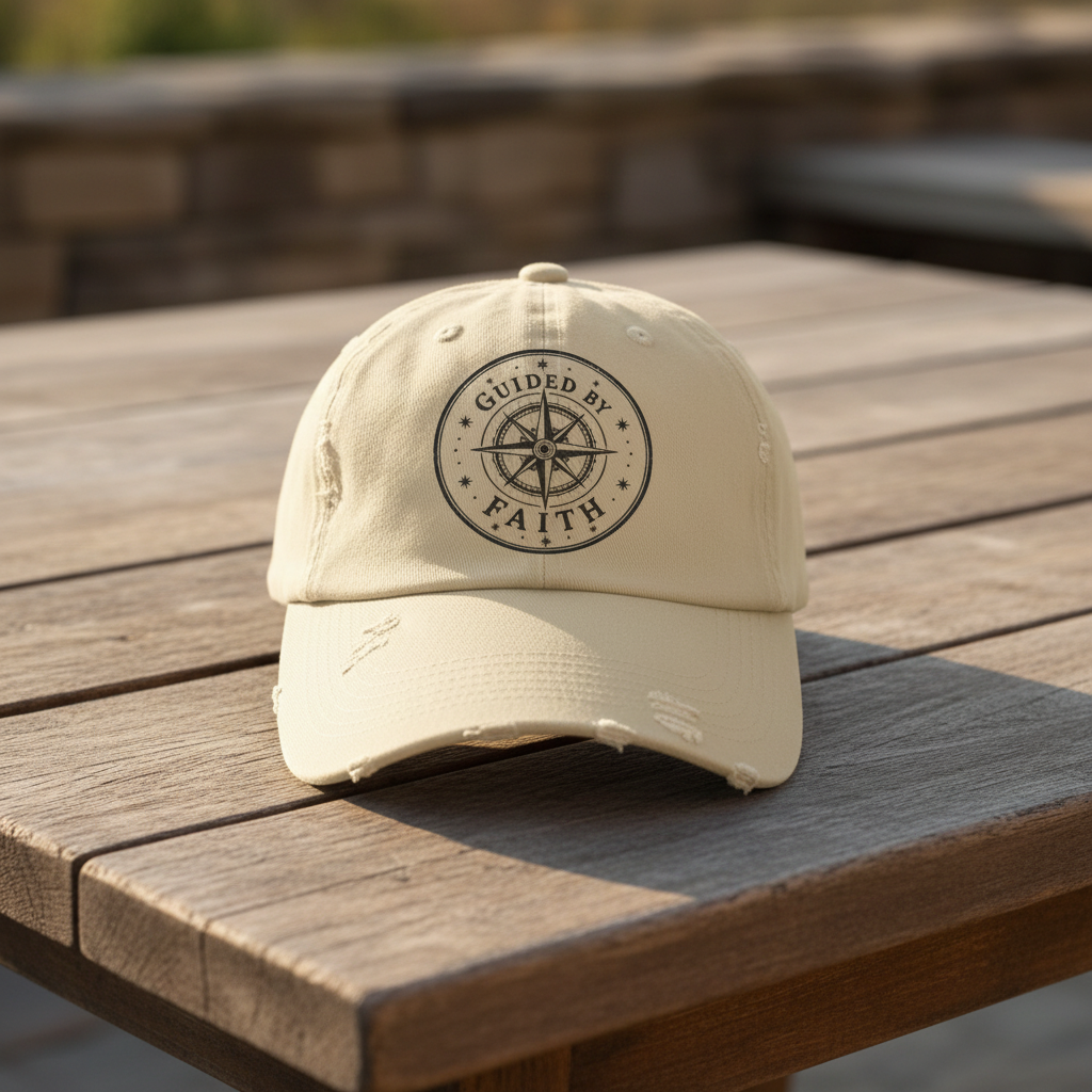 Guided by Faith Distressed Cap | Compass Christian Baseball Hat | Vintage Faith Apparel