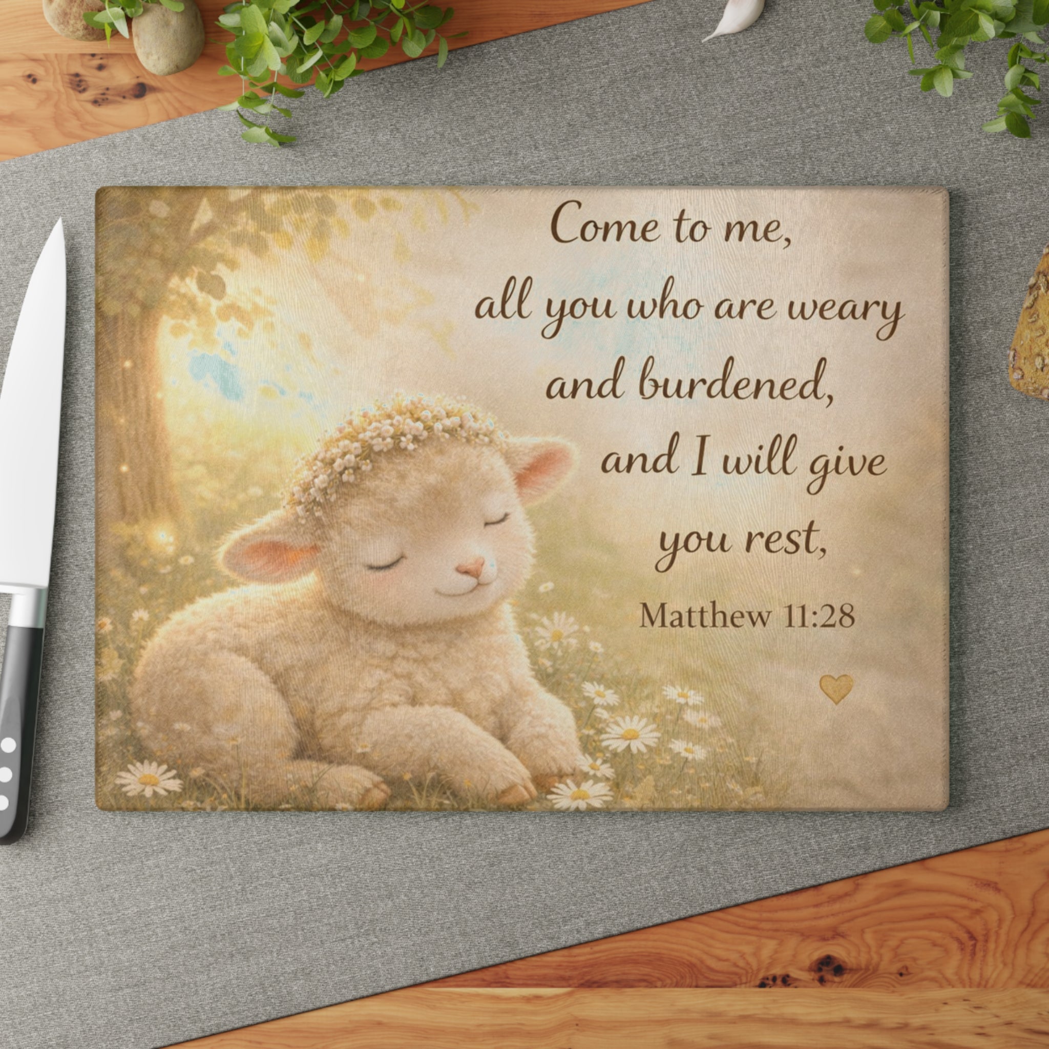 Matthew 11:28 Lamb Glass Cutting Board – Christian Faith Kitchen Decor | Inspirational Scripture Kitchen Board
