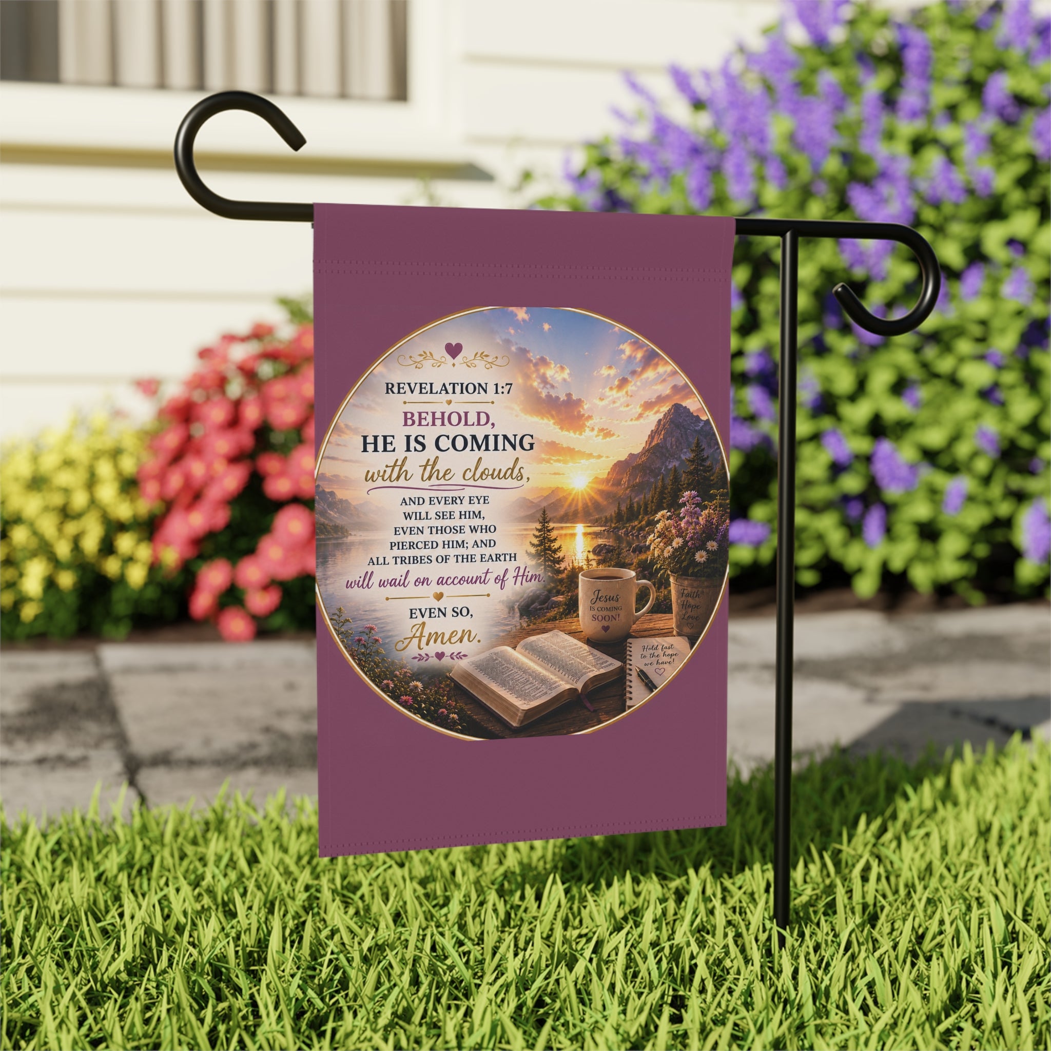 Inspirational Christian memorial garden flag featuring a glowing pathway, peaceful bench, and comforting “He Will Wipe Away Every Tear” scripture artwork in warm sunset tones.