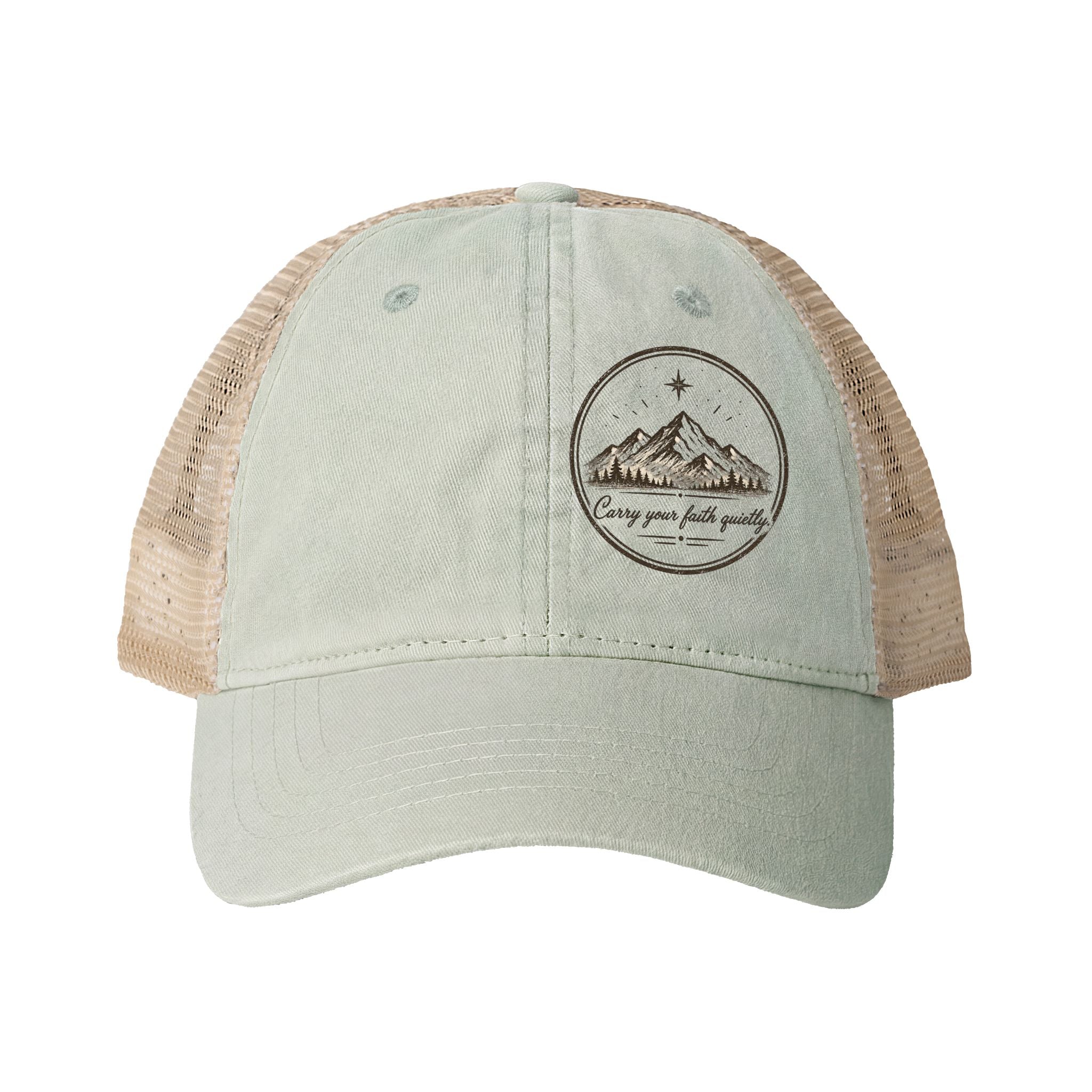 Women’s washed mesh-back Christian cap featuring the phrase “Carry Your Faith Quietly” with vintage styling and concealed ponytail opening.